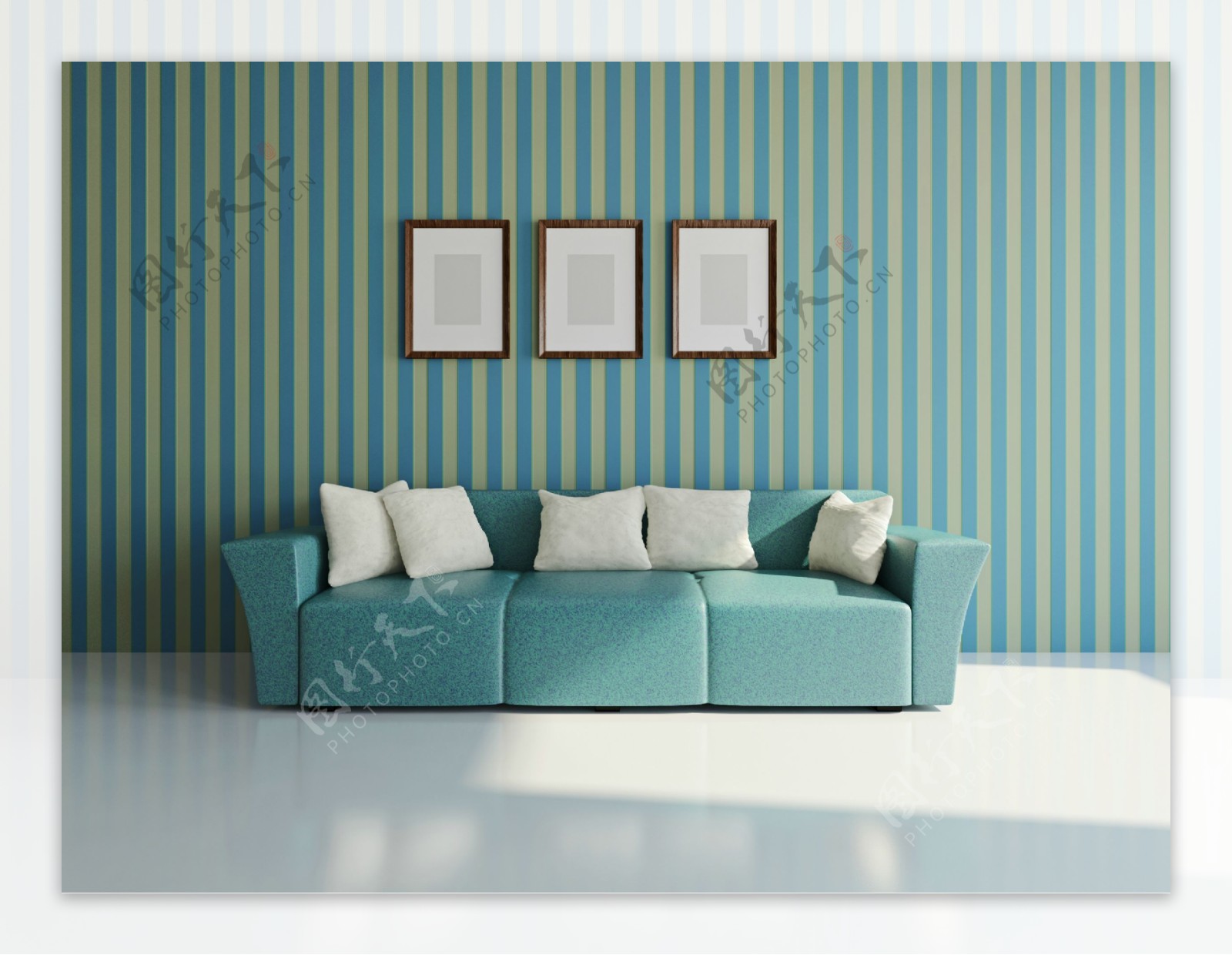 蓝色的沙发与相框图片