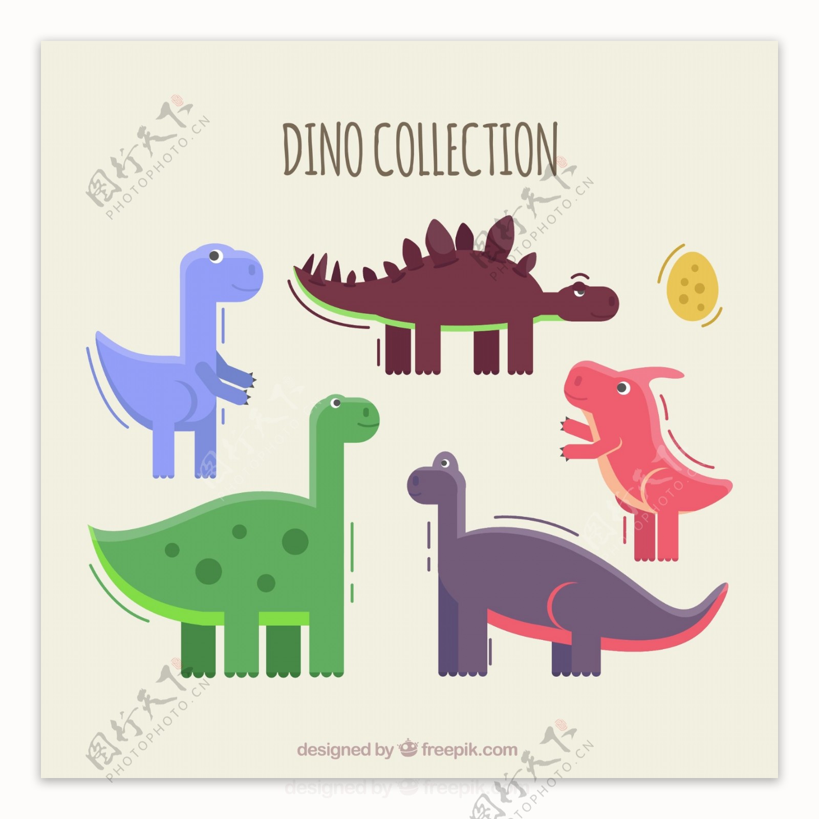 5款彩色恐龙和恐龙蛋设计矢量素材