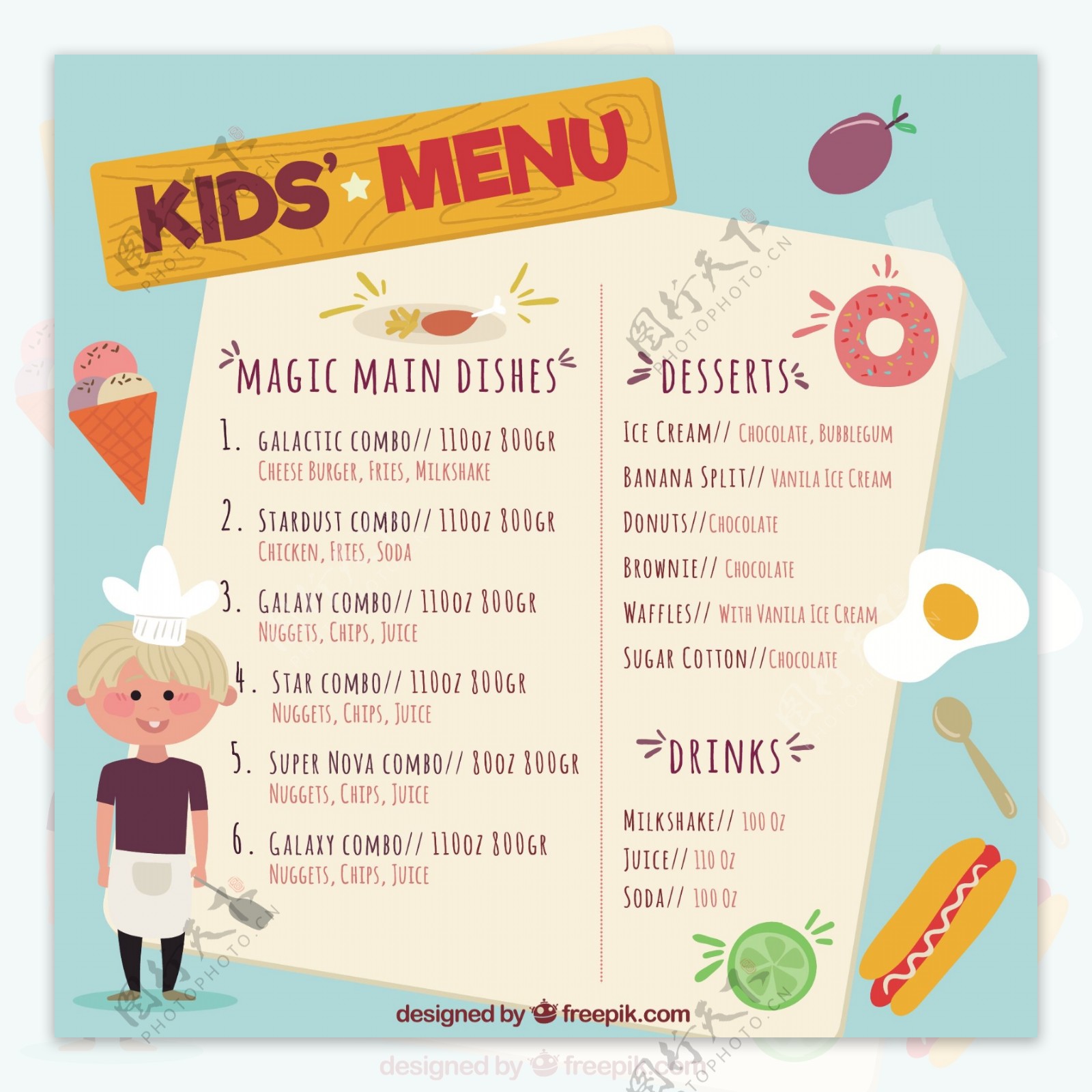手绘儿童菜单与年轻厨师和产品