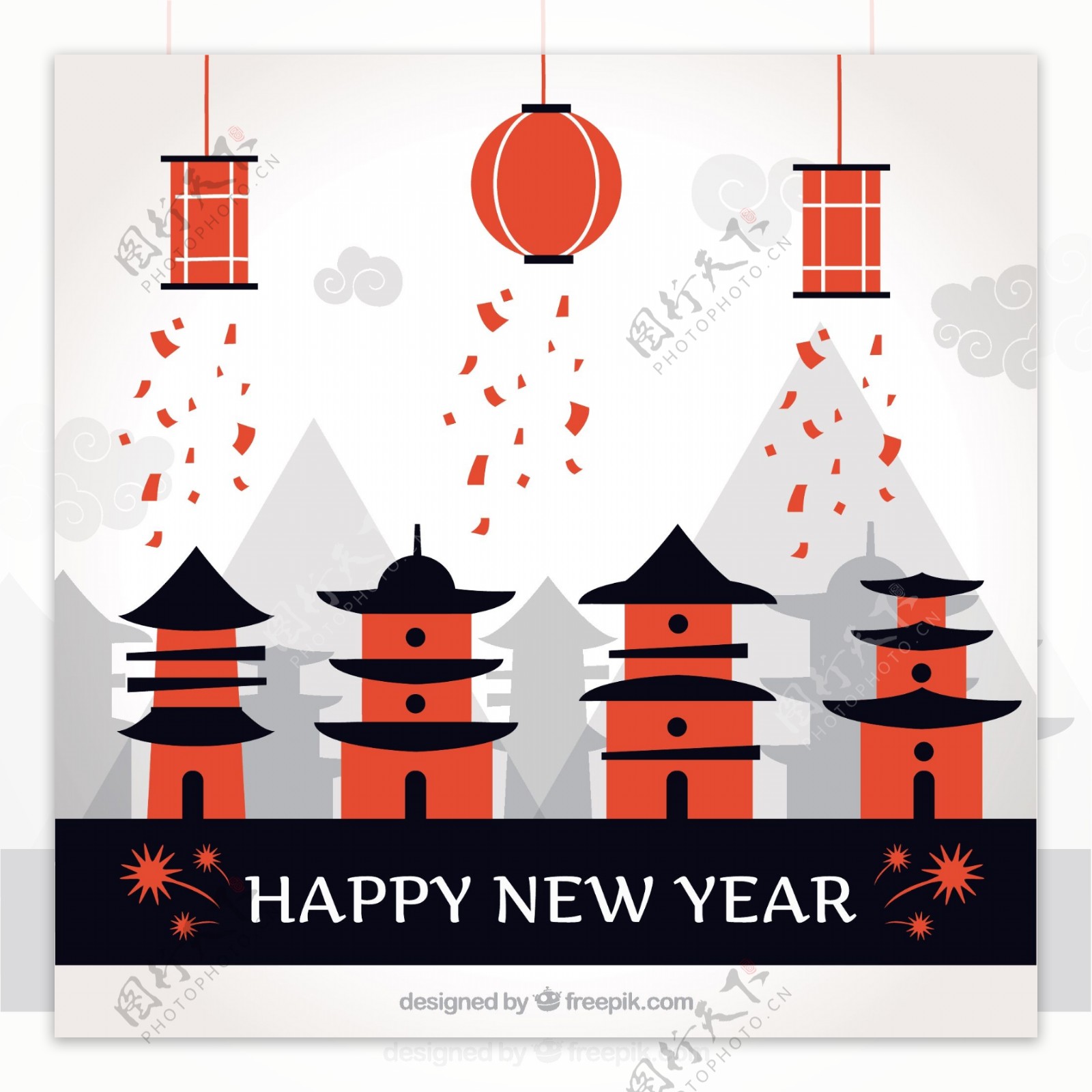 新年快乐的背景与中国的房子灯笼