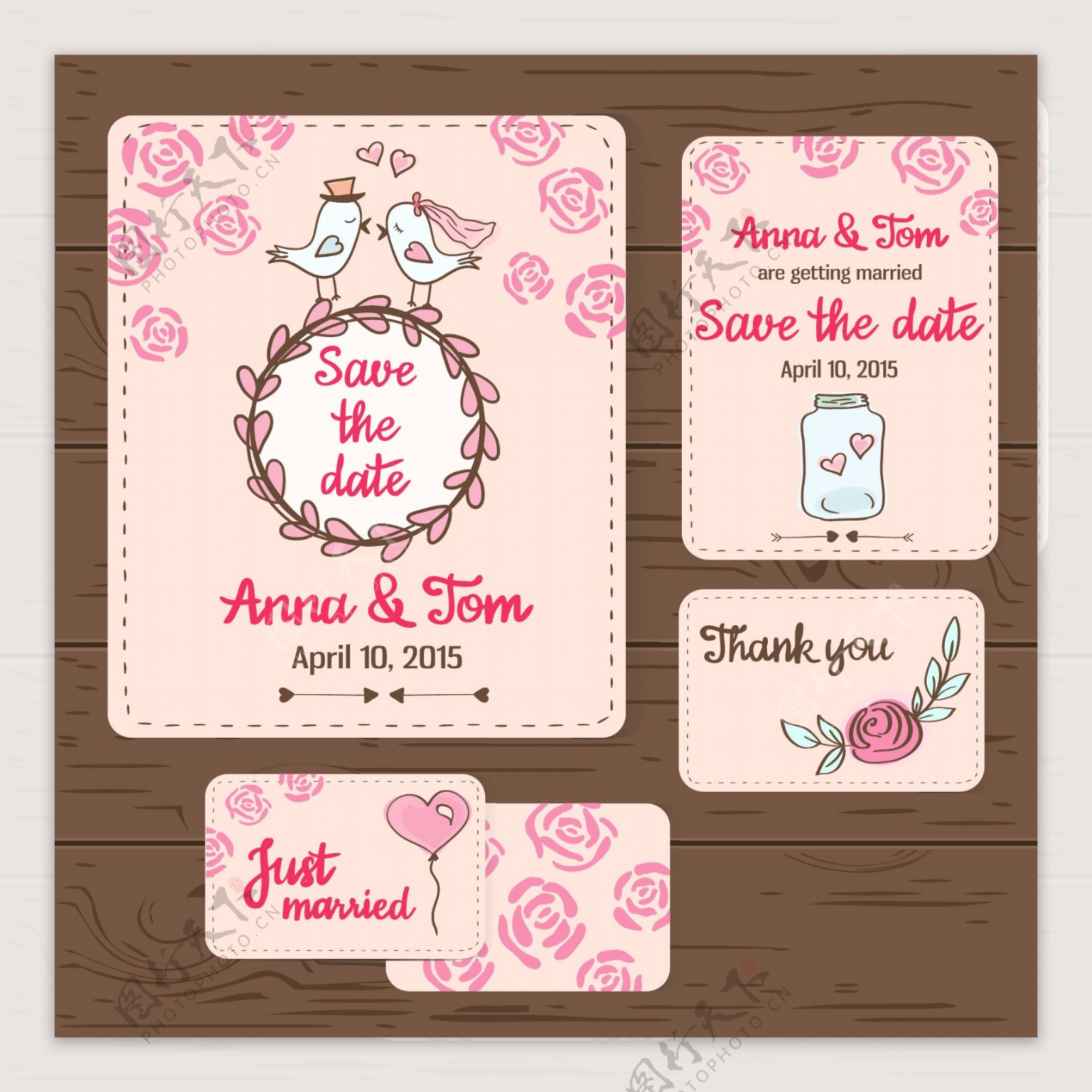 粉色花朵小鸟婚礼贺卡模板下载