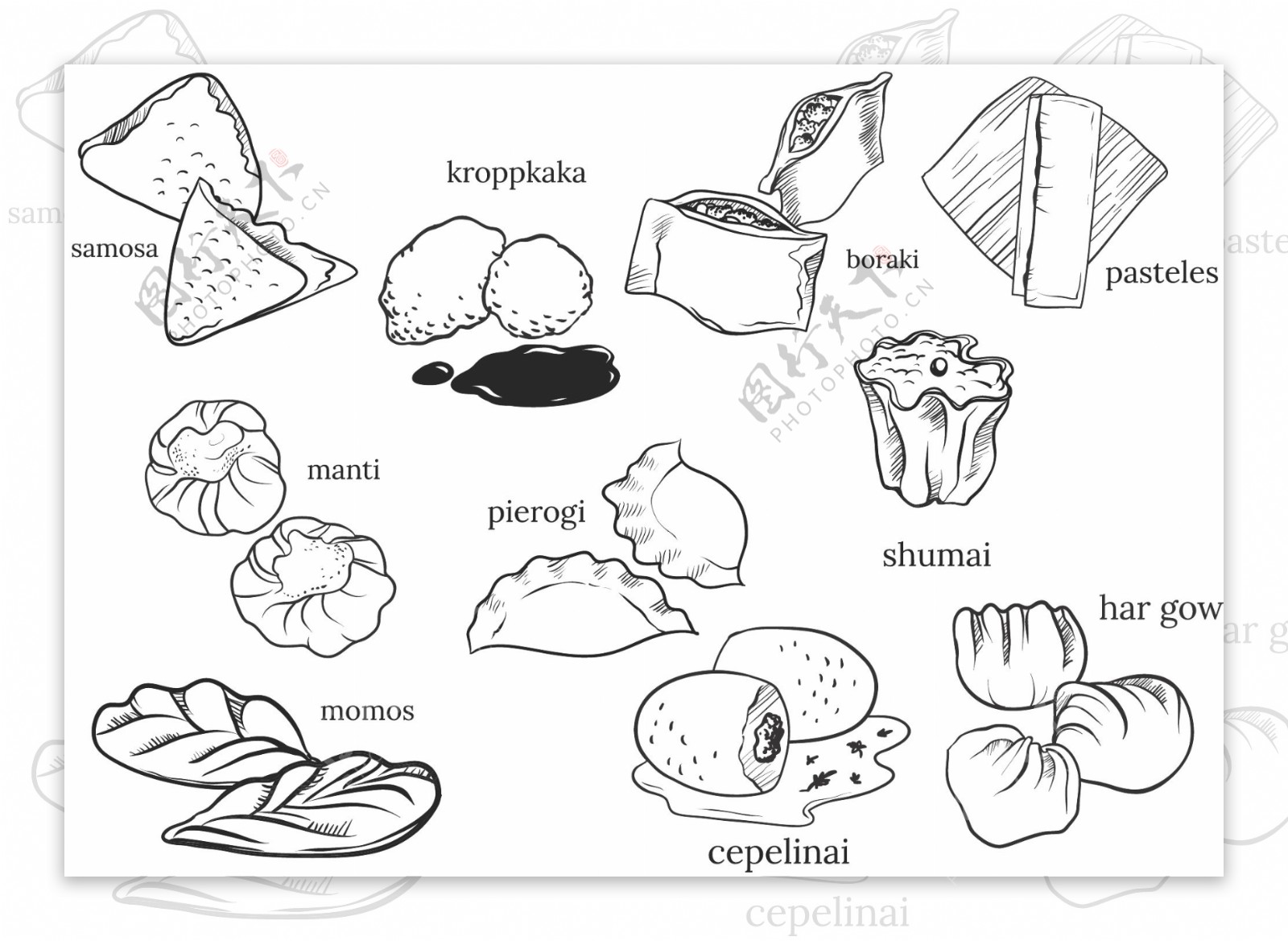 手绘线性亚洲菜饺子素材