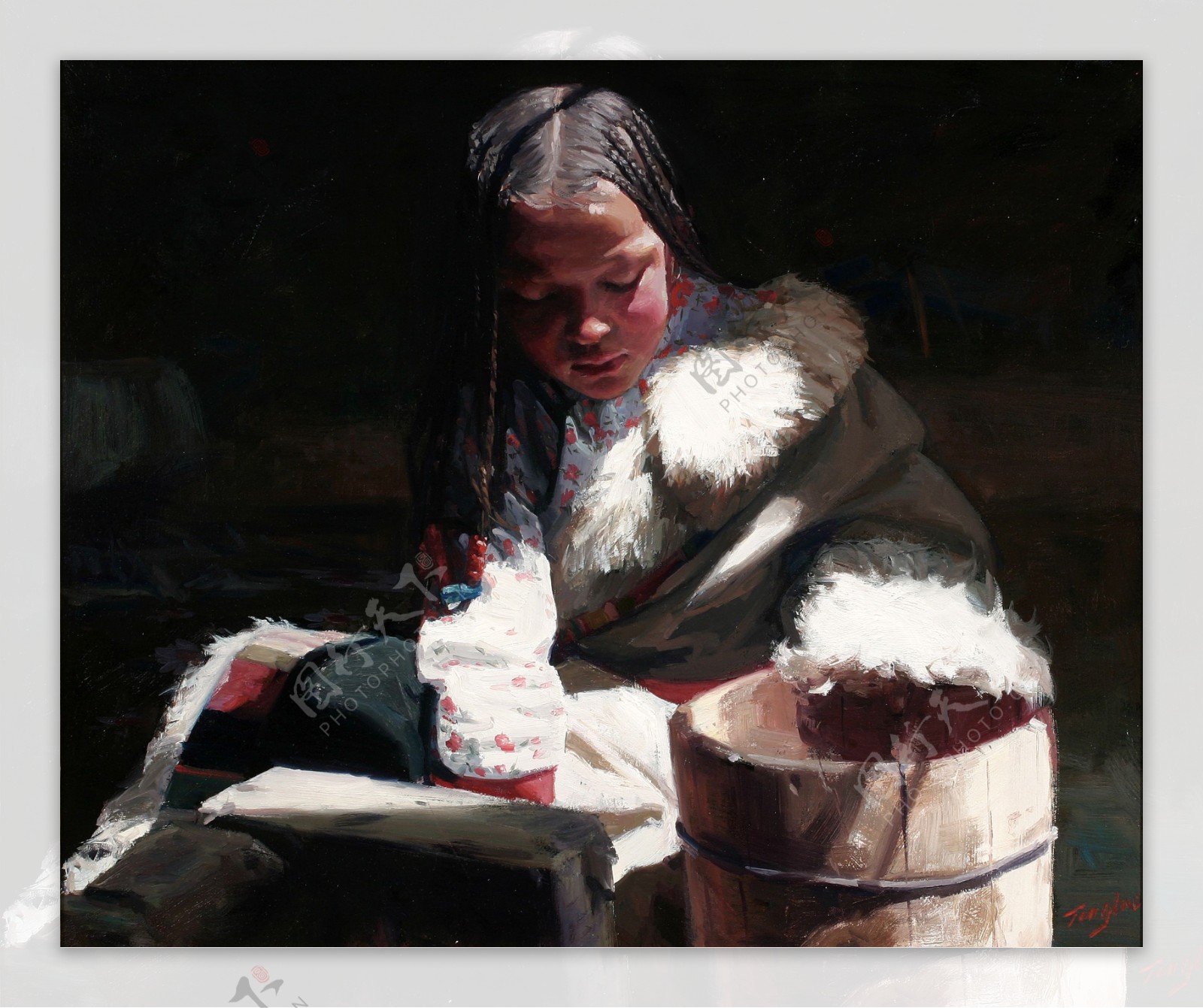 舀水的藏族女孩油画肖像图片
