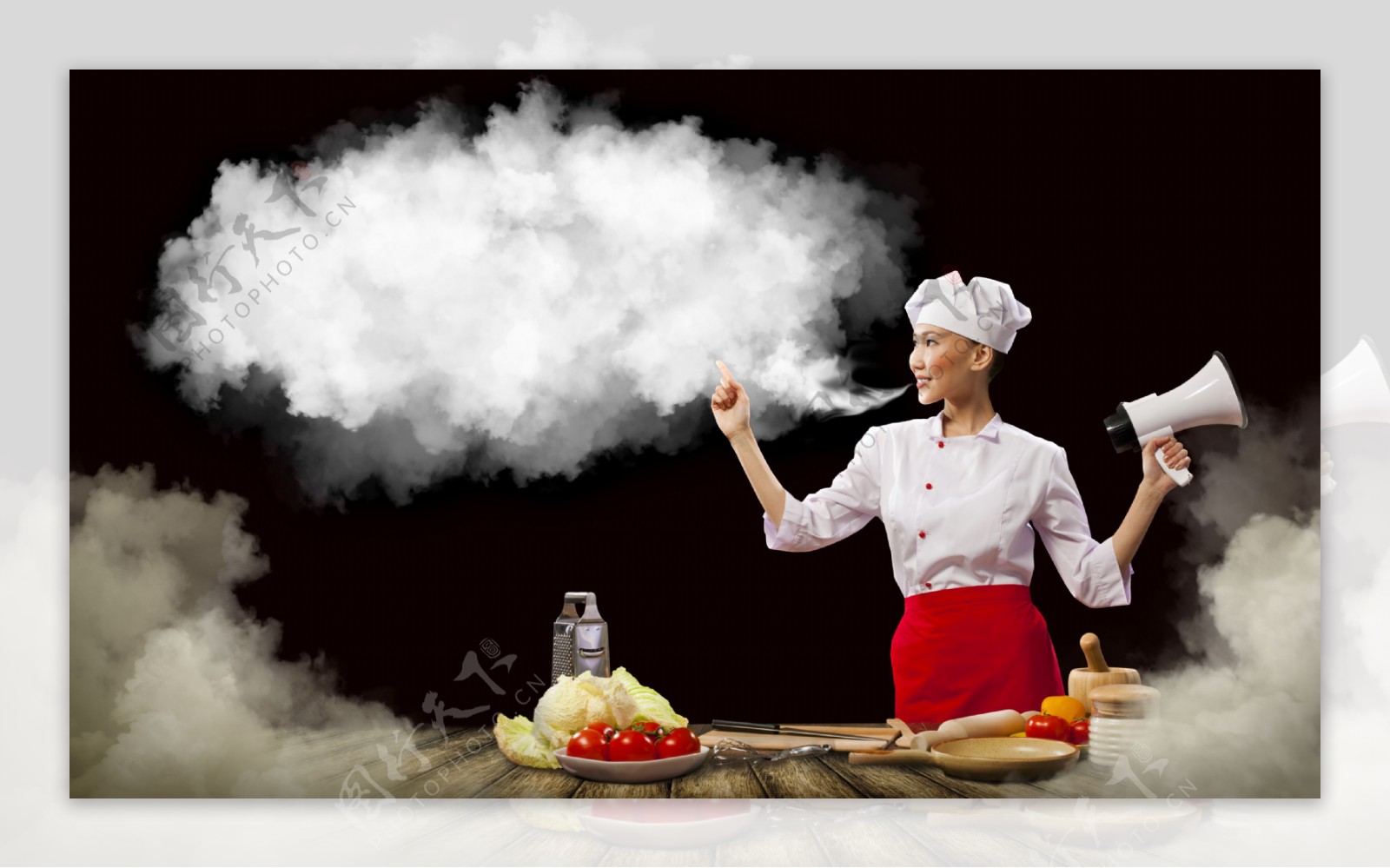烟雾对话框与厨师美女图片