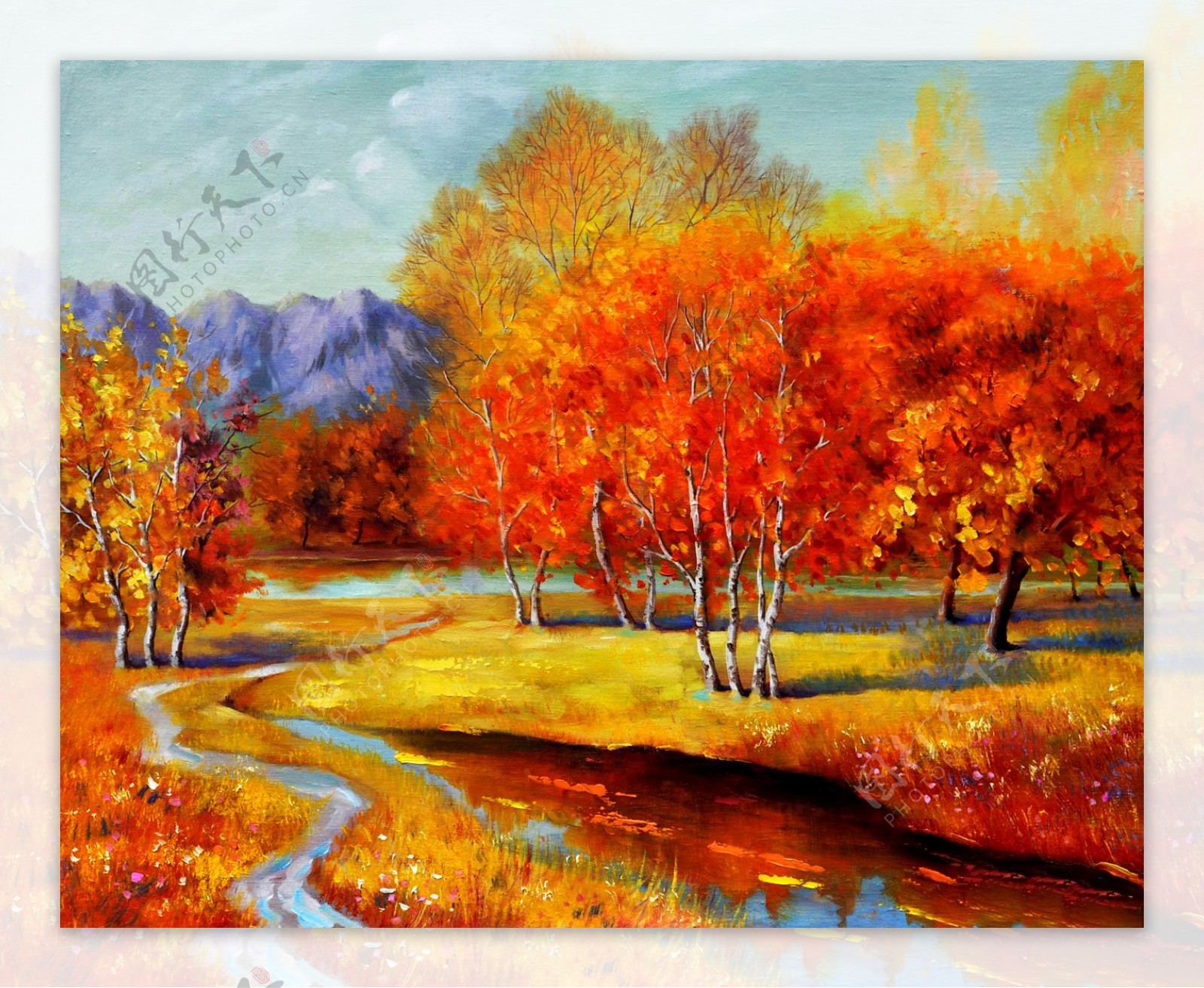 秋天树林油画写生图片