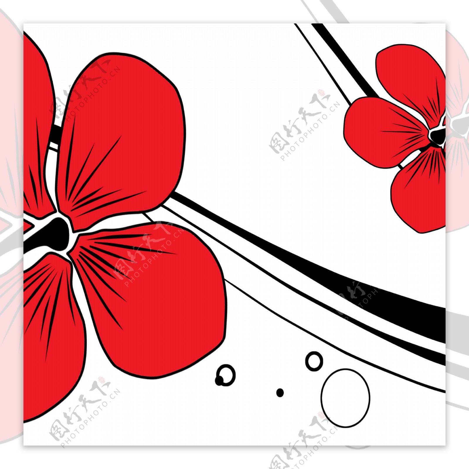 红色花朵与几何线条无框画高清图片