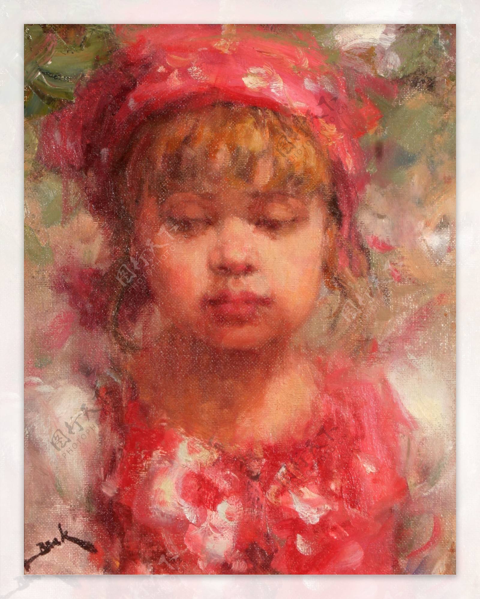 戴红头巾的女孩油画图片