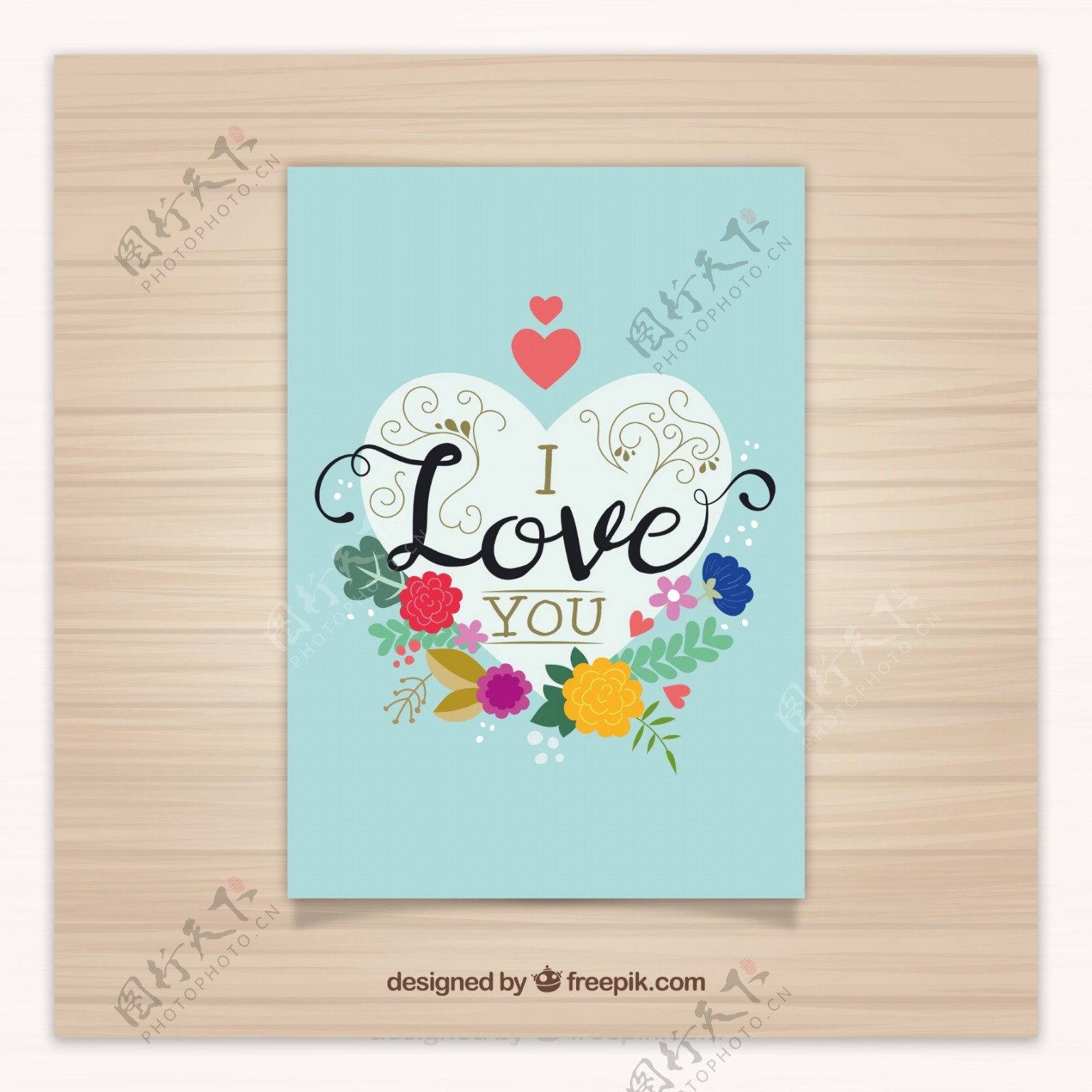 用一颗被鲜花包围的心的爱情卡片