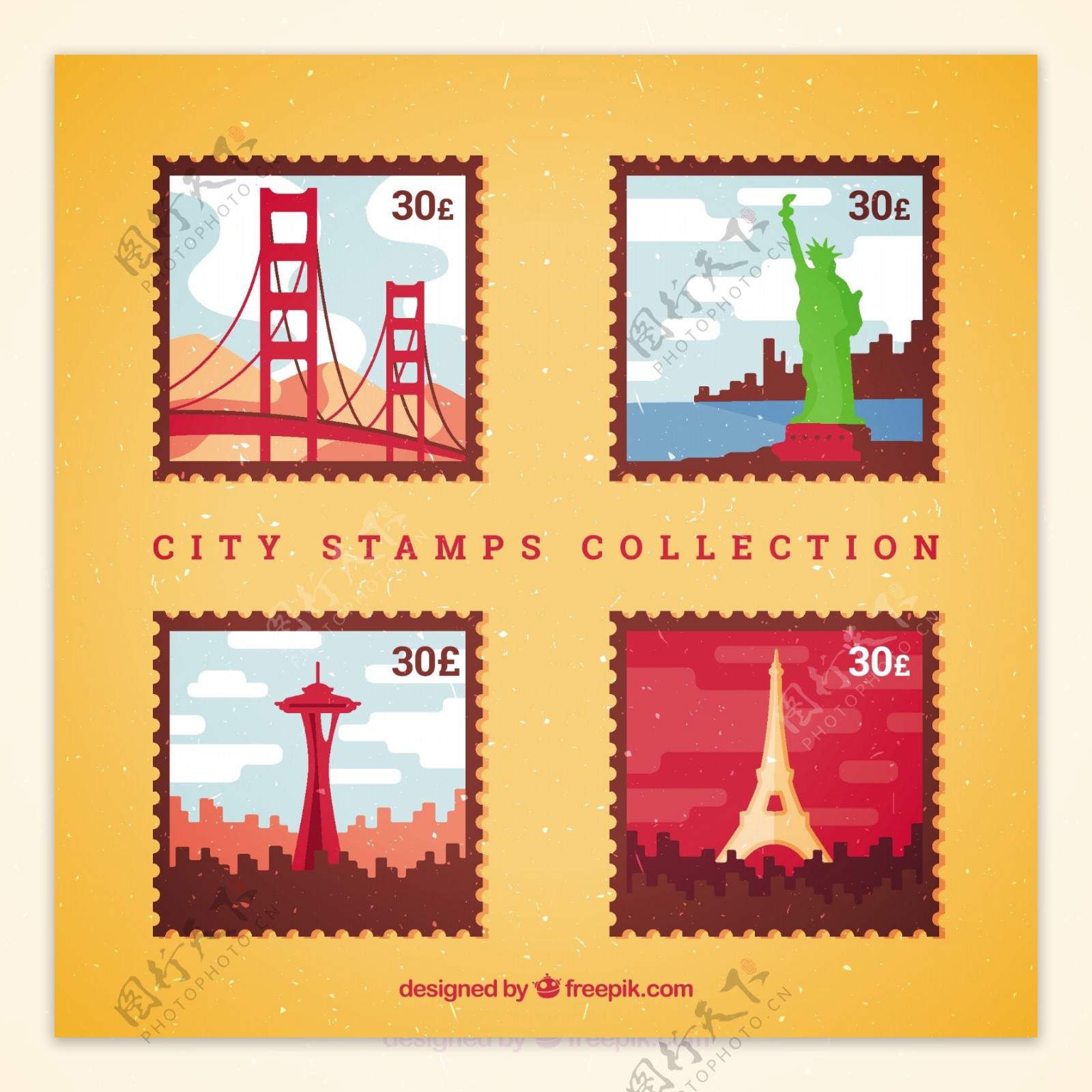 四个彩色不同的城市邮票