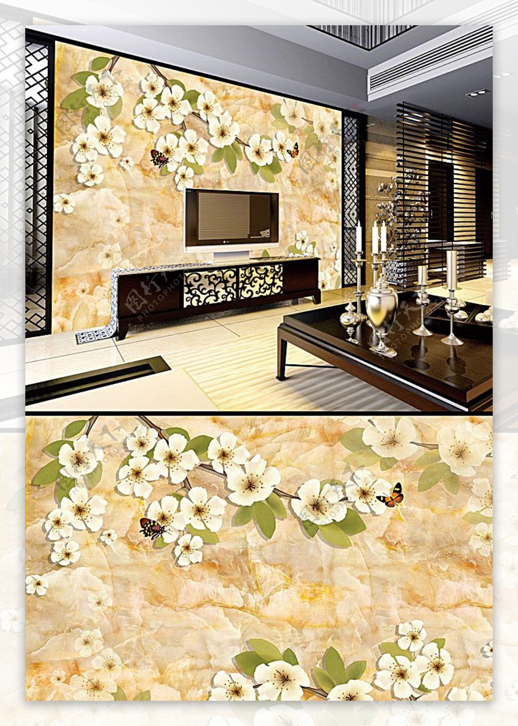 大理石手绘花卉电视背景墙壁画图片