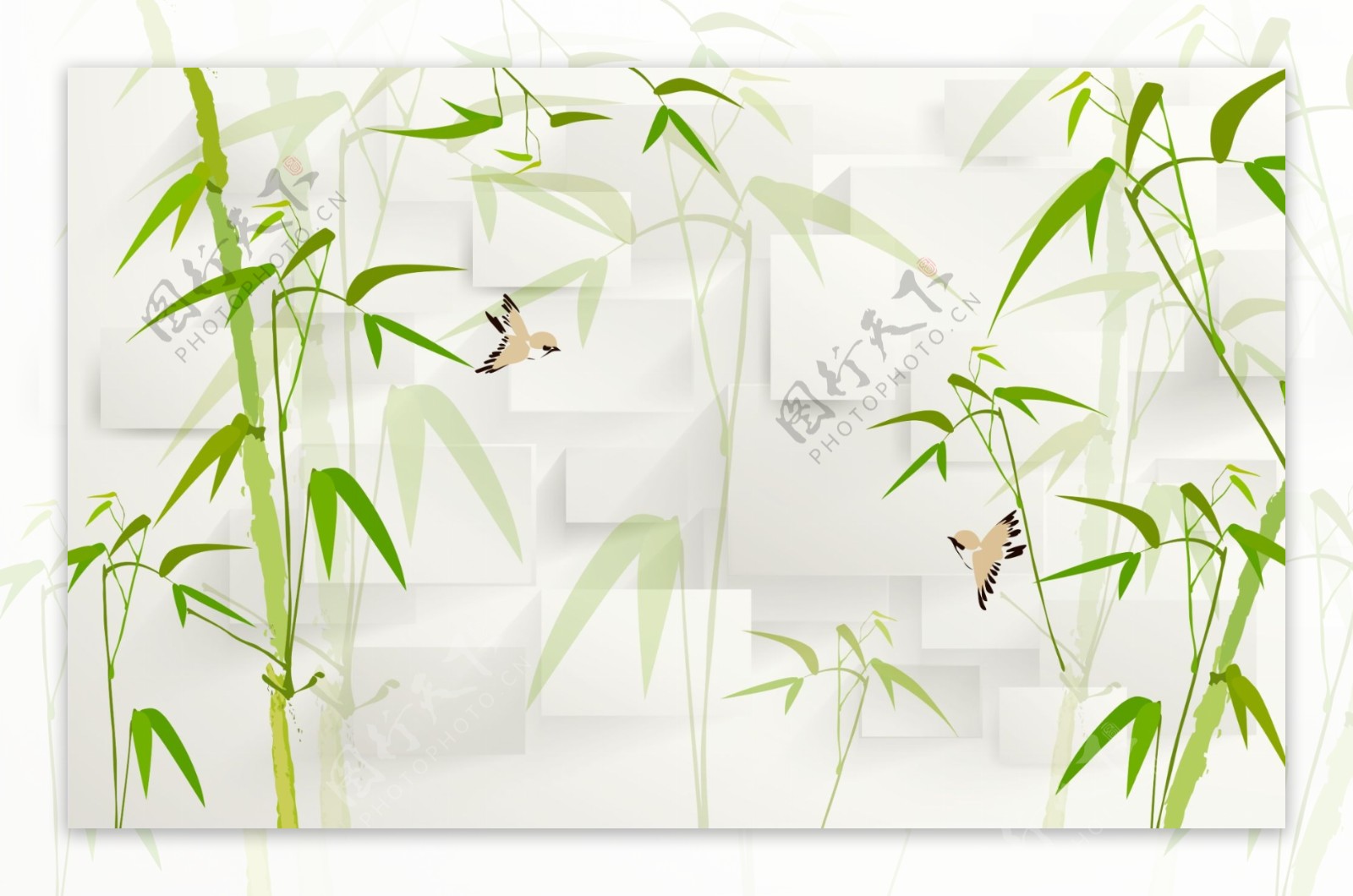 绿色竹子小鸟电视背景墙图片