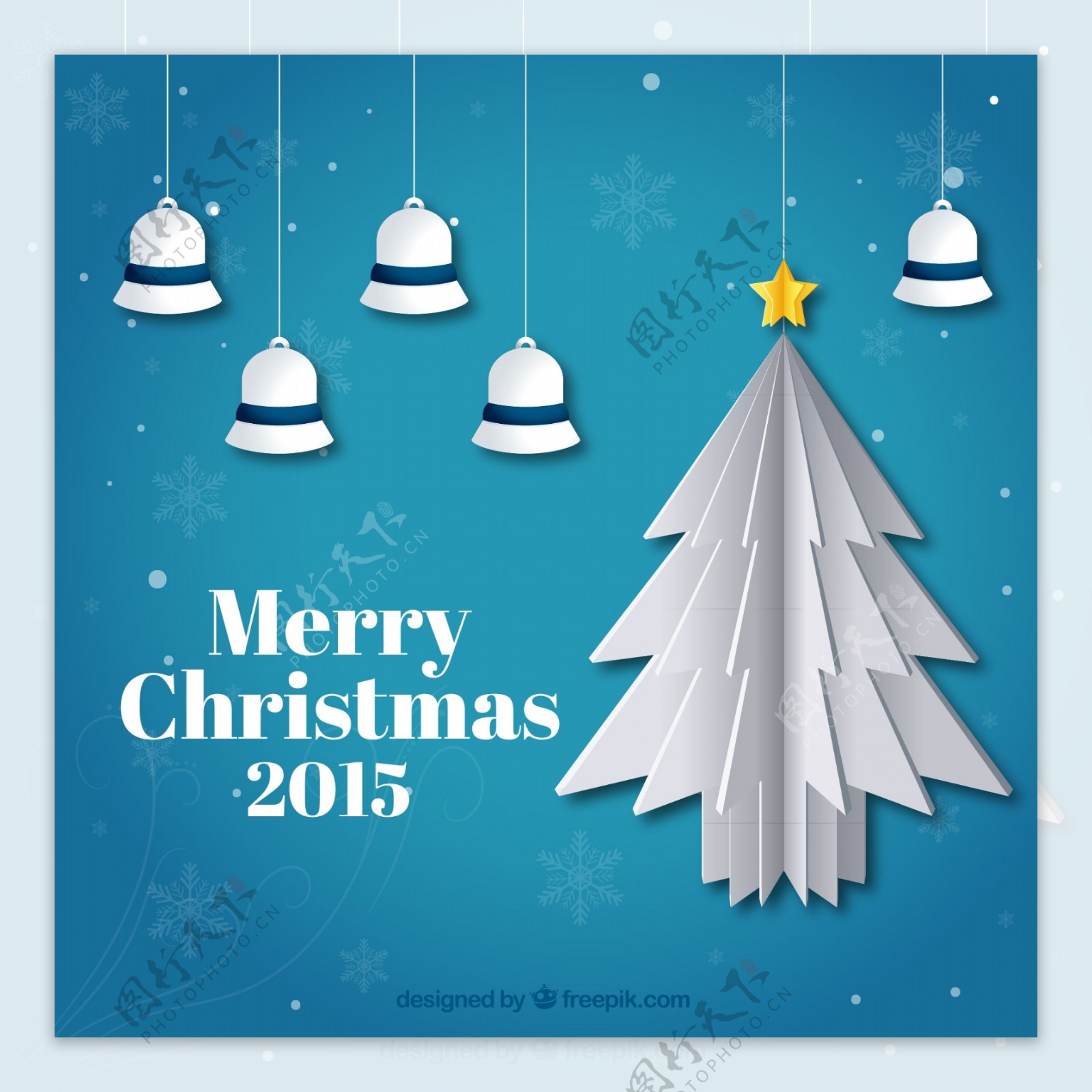 2015白色圣诞树和铃铛贺卡矢量图