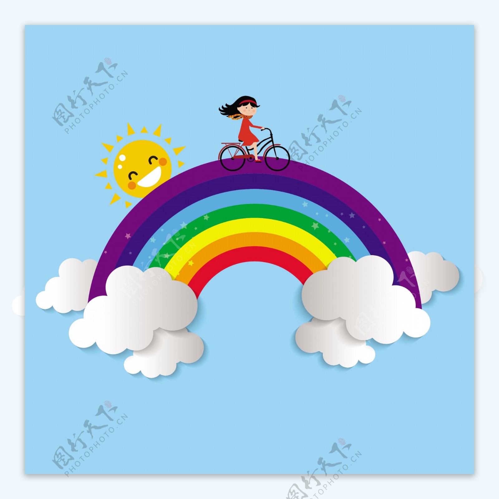 彩虹上骑自行车的女孩