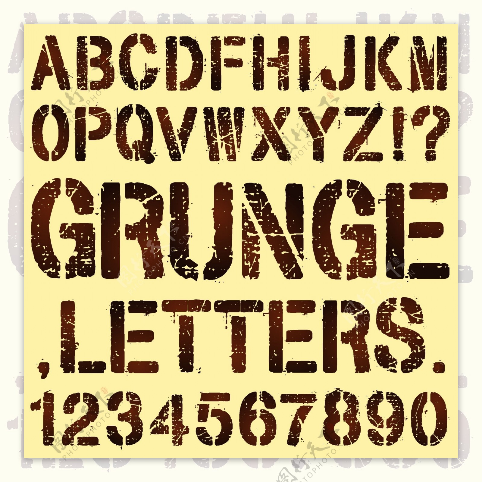 破旧的印刷字母和数字