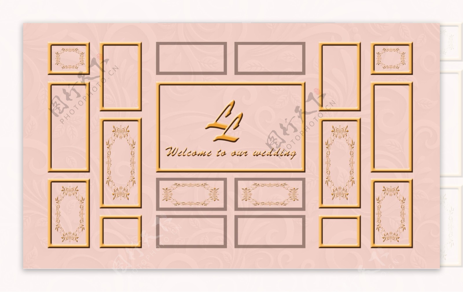 粉金色婚礼金色相框边框欧式花纹婚礼背景
