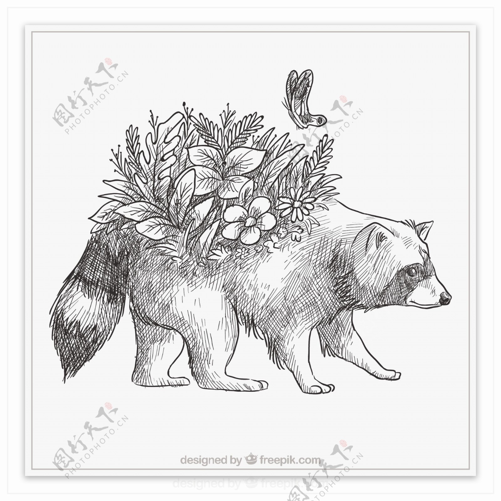 可爱的手绘浣熊用鲜花和蝴蝶
