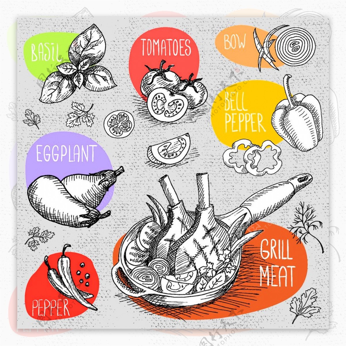 素描蔬菜牛排插画图片