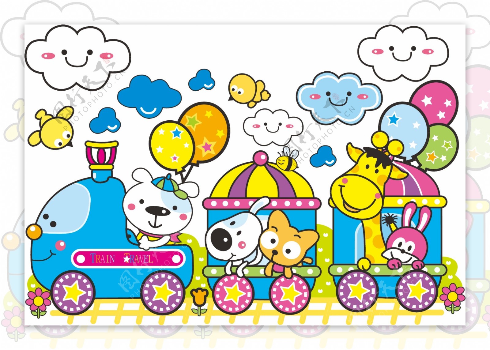 乘火车的小动物插画矢量素材图片
