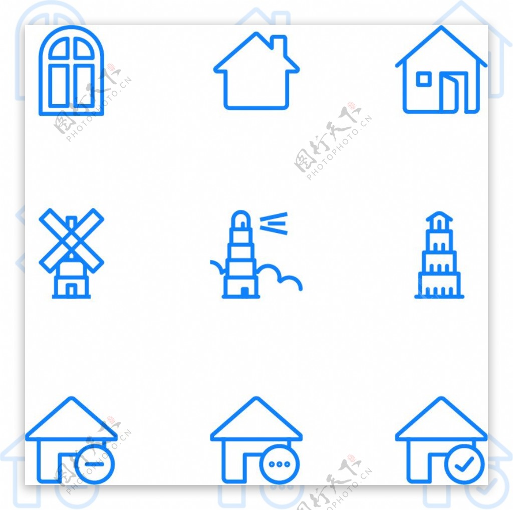 线条房屋和树图标蓝色线条图标矢量图源文件