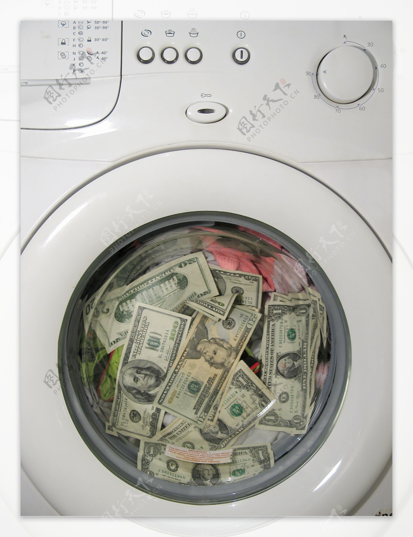 滚筒洗衣机中的美元纸币创意设计图片