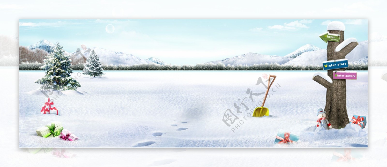 冬季雪地鲜花路标背景图