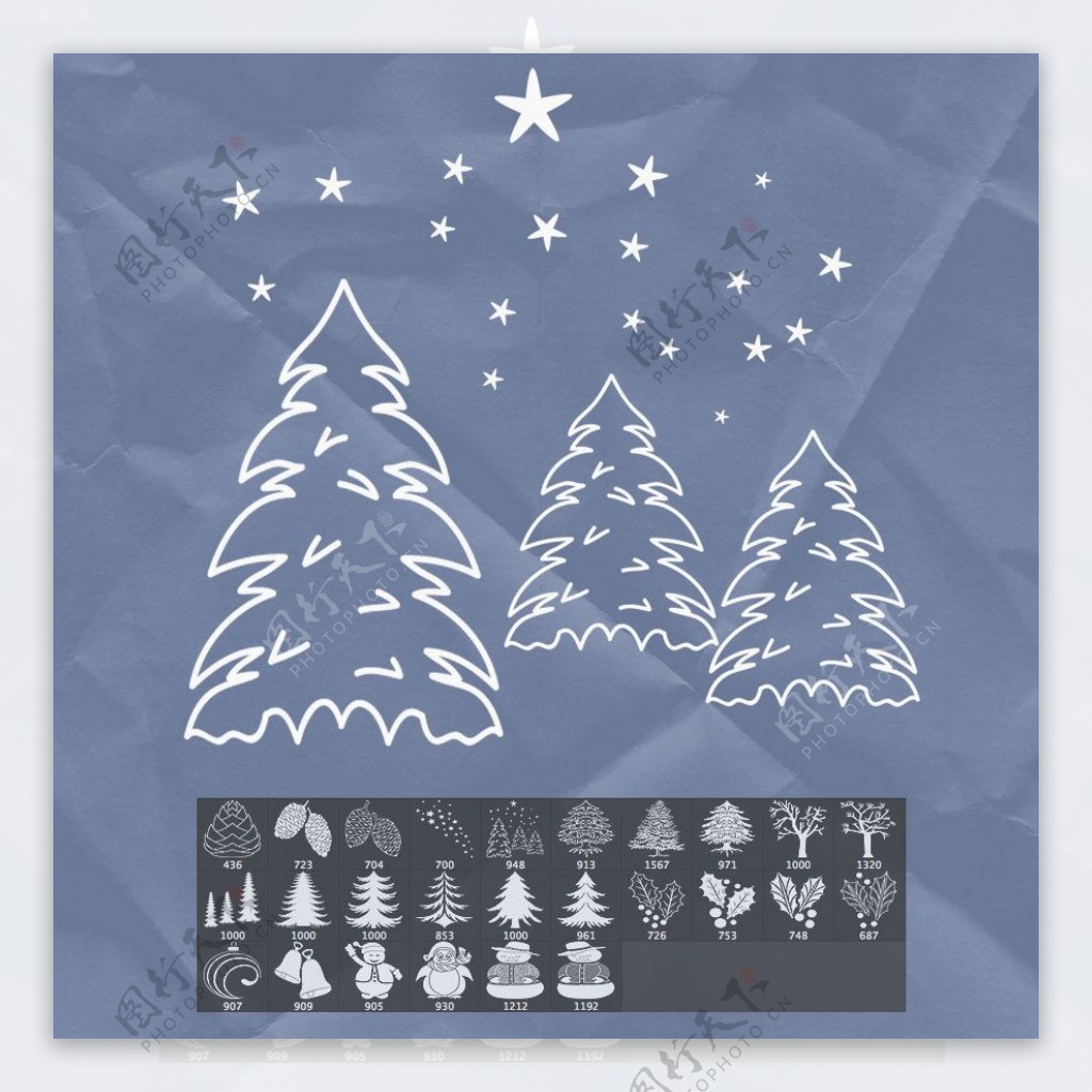 圣诞树雪人花环圣诞节装饰图案photoshop笔刷素材