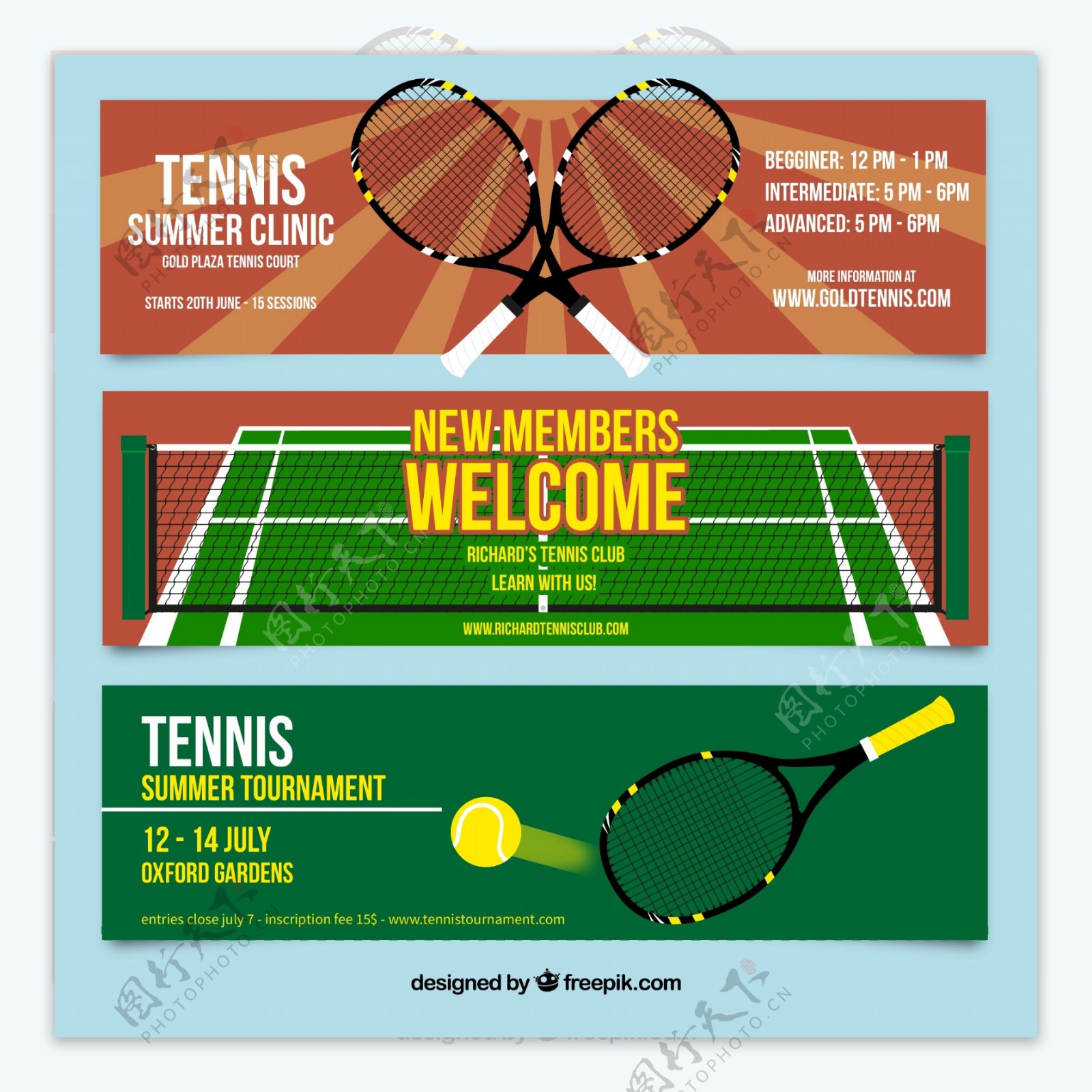 3款网球运动夏列营宣传banner矢量图