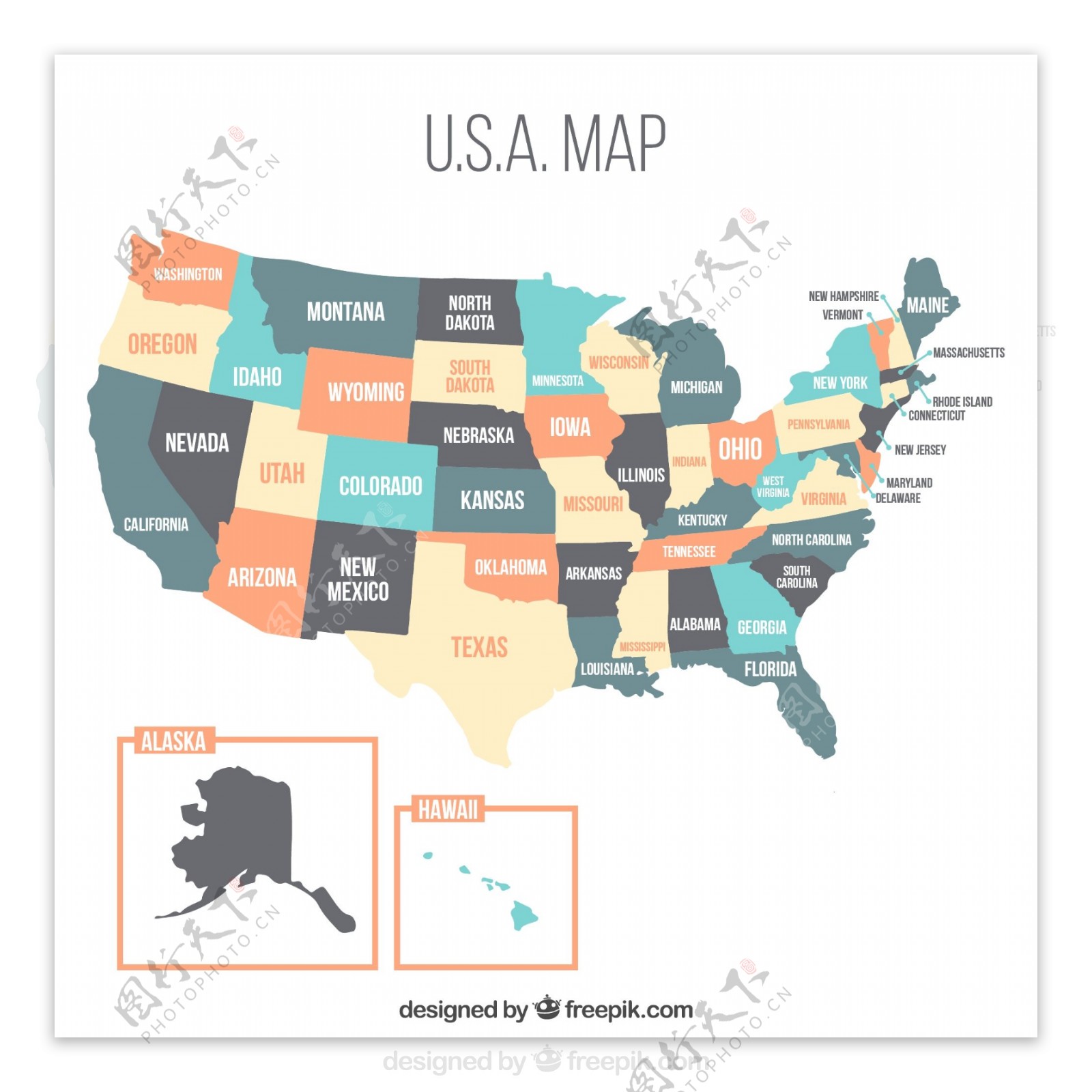 粉彩色美国地图设计矢量素材
