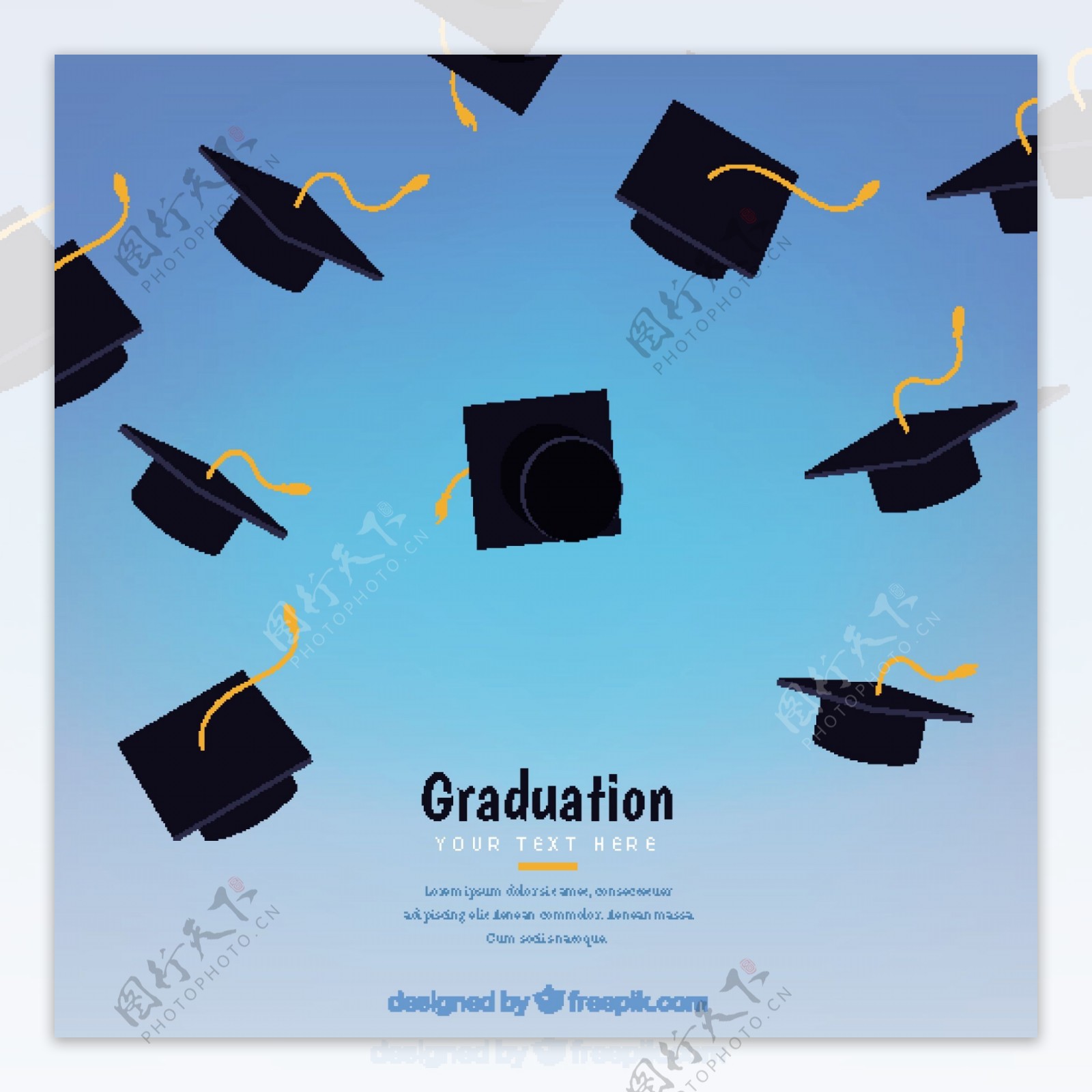 黑色毕业帽装饰图案抽象蓝色背景