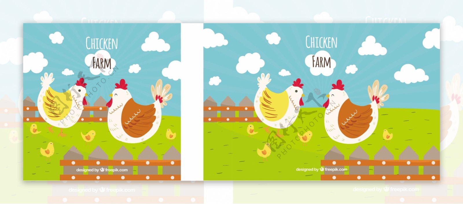 手绘母鸡和小鸡绿色农场蓝天白云背景
