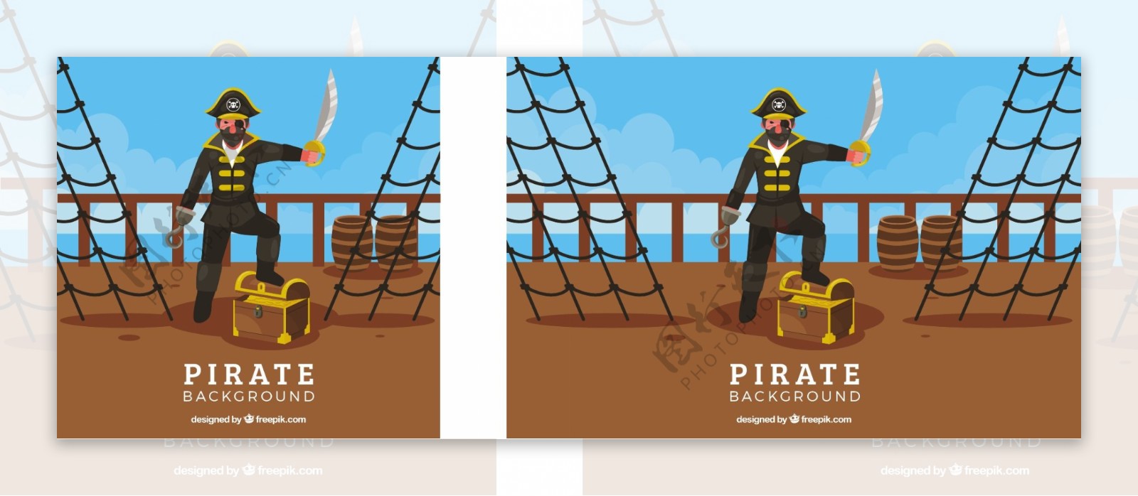 手绘海盗与宝船插图背景