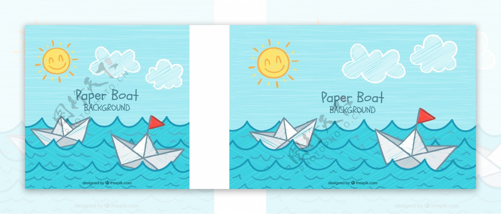 手绘纸船蓝天大海背景
