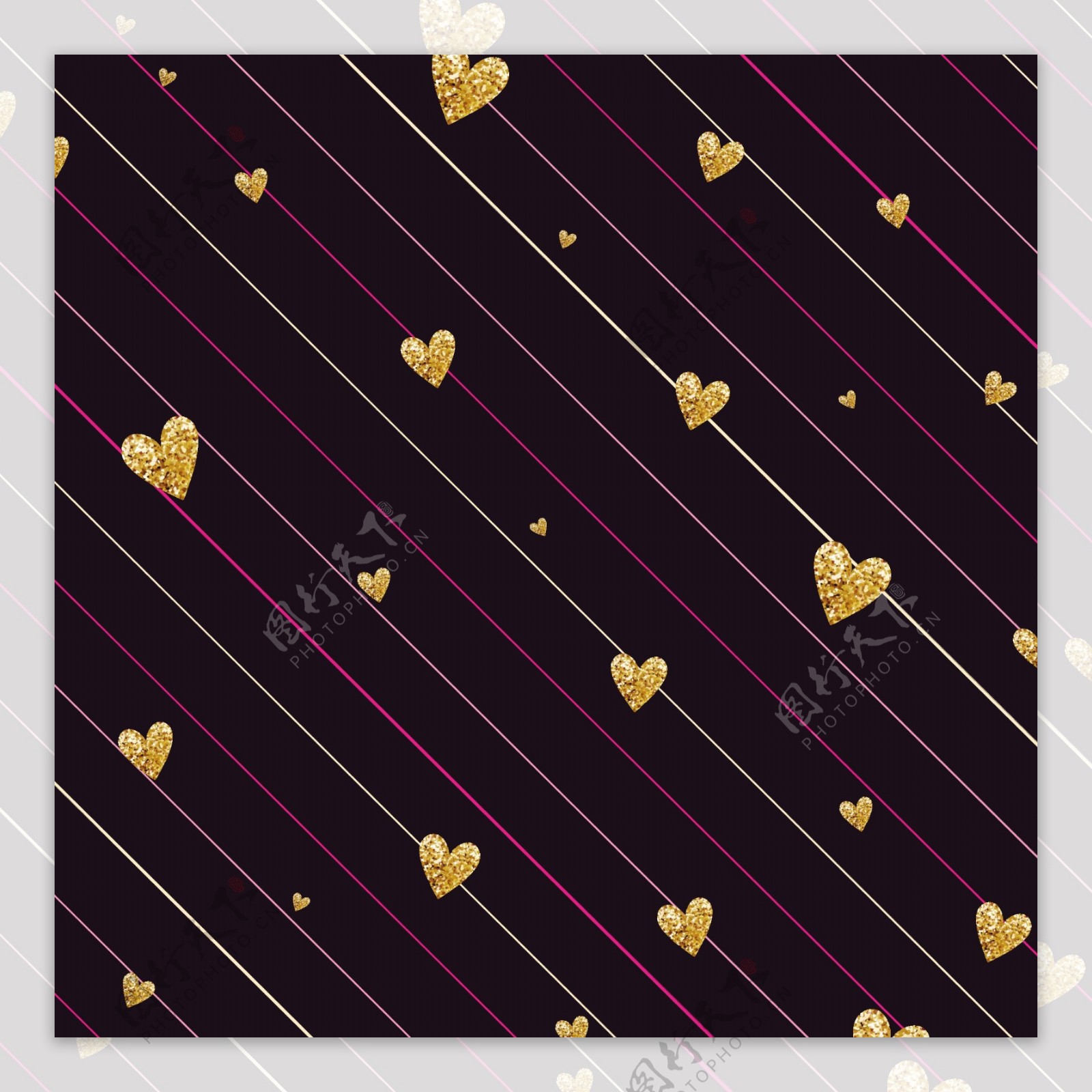 金色的心形图形紫色条纹背景