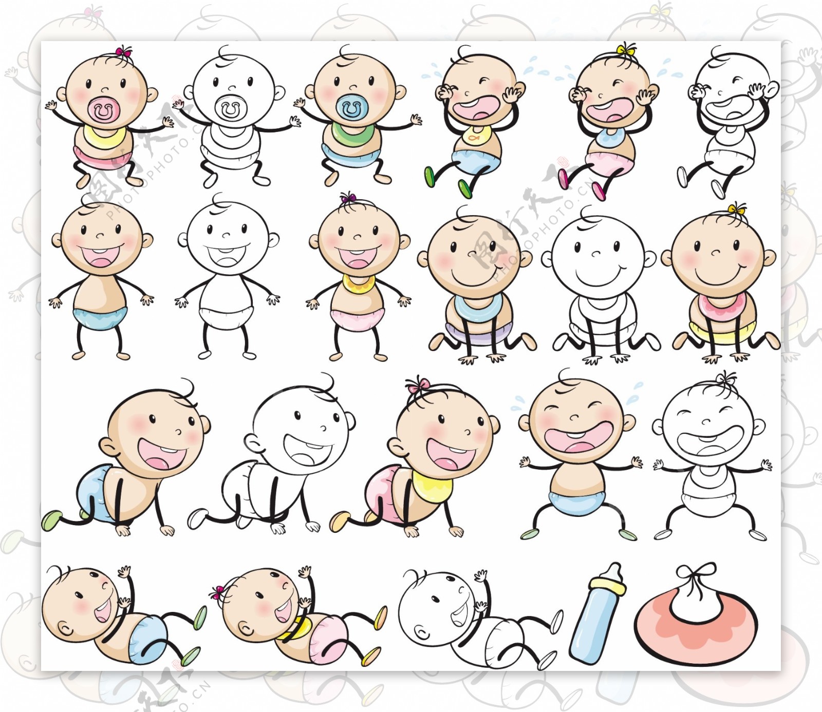 手绘可爱婴儿不同的图标插图
