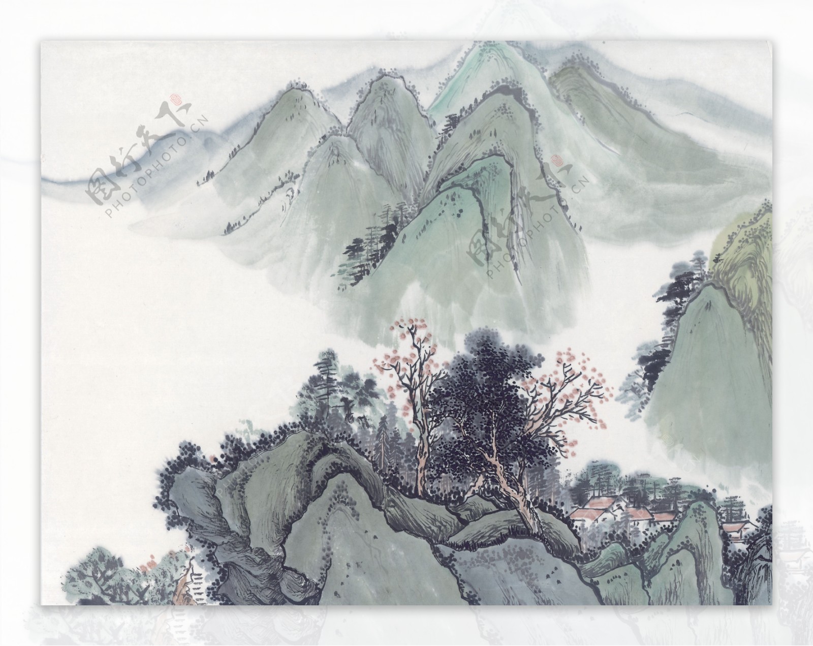 国画山水大山里的村庄图片