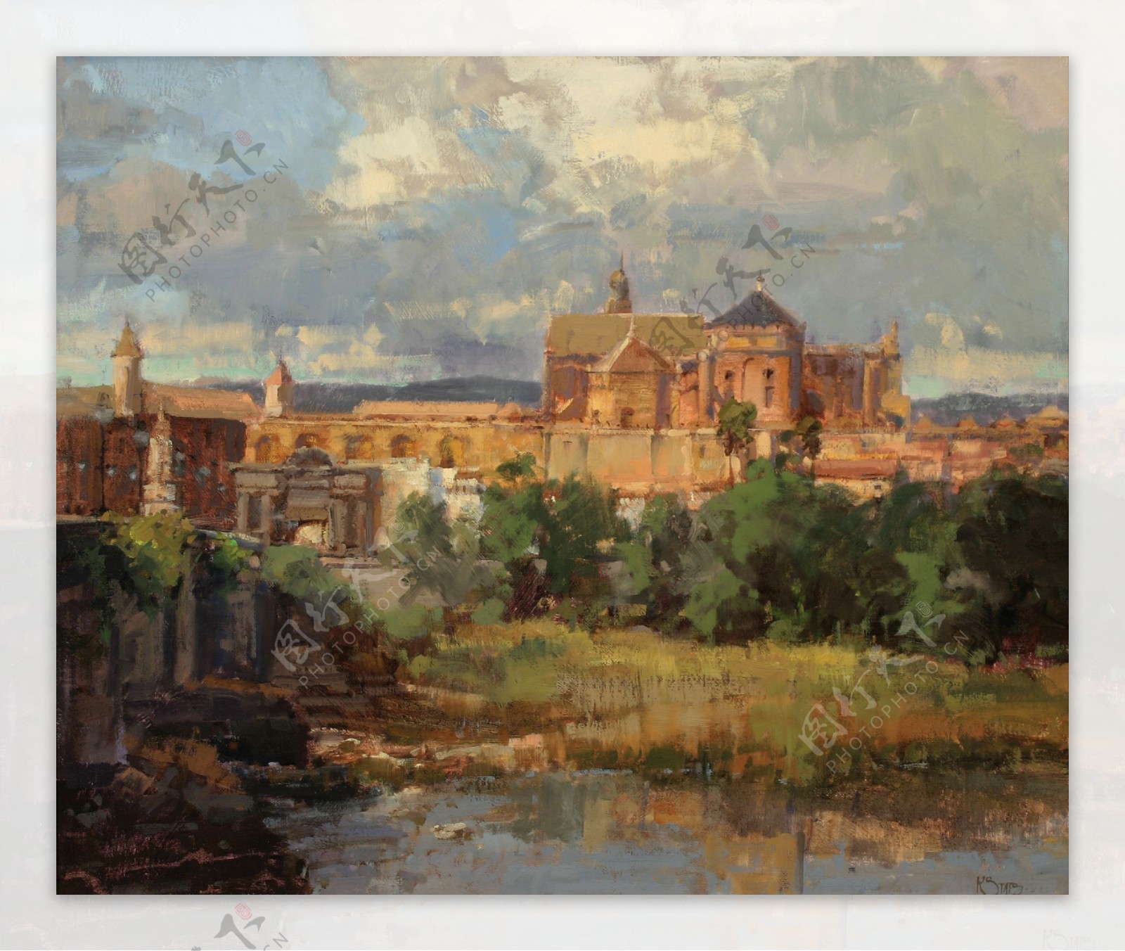 古欧州城堡和河水油画图片