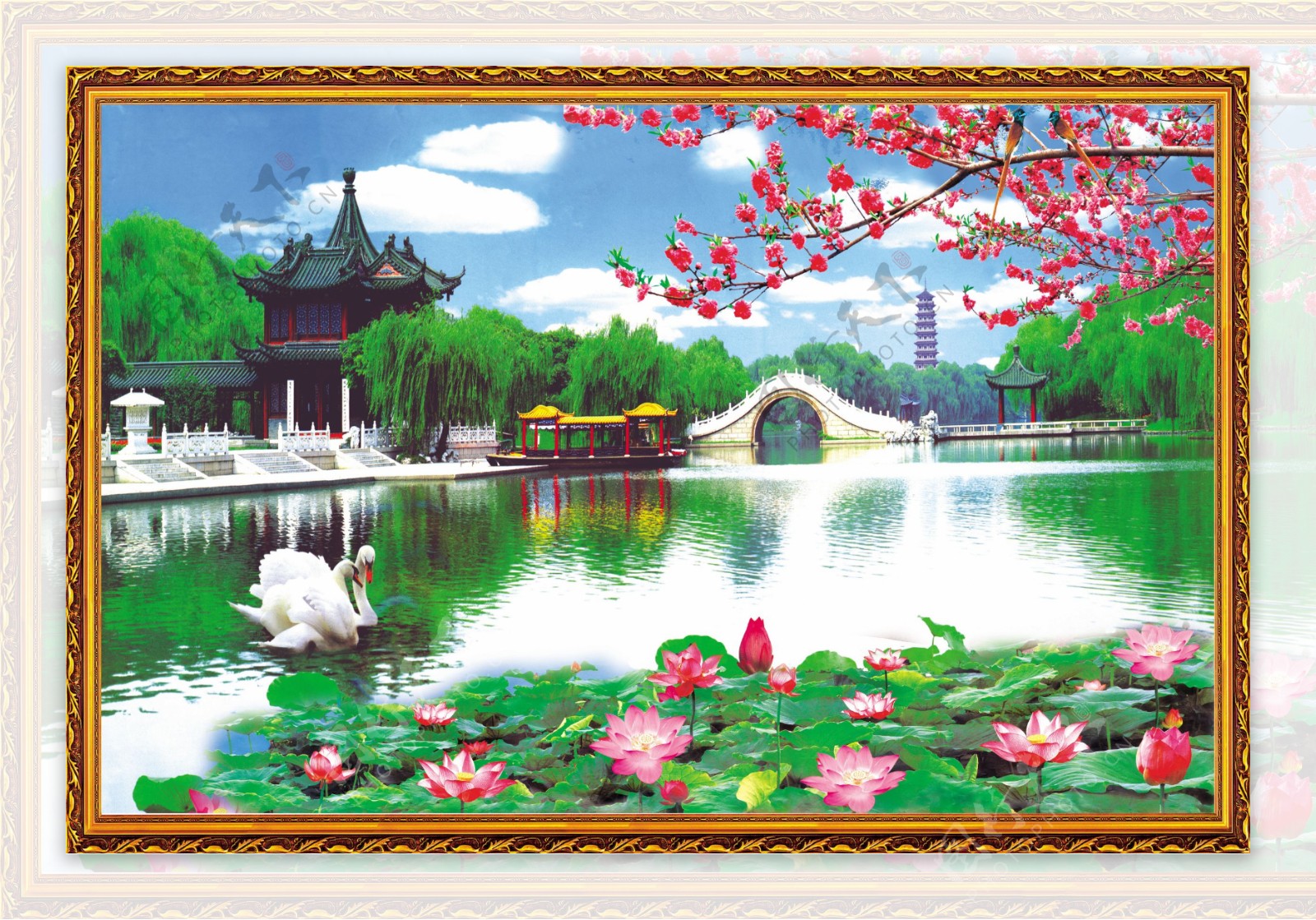 湖泊美景中堂画图片图片