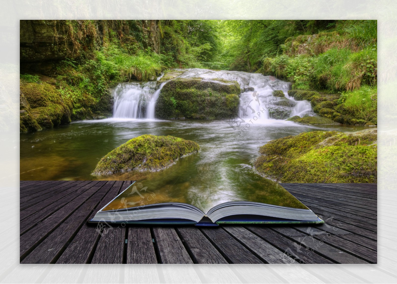 书本与小溪瀑布风景图片
