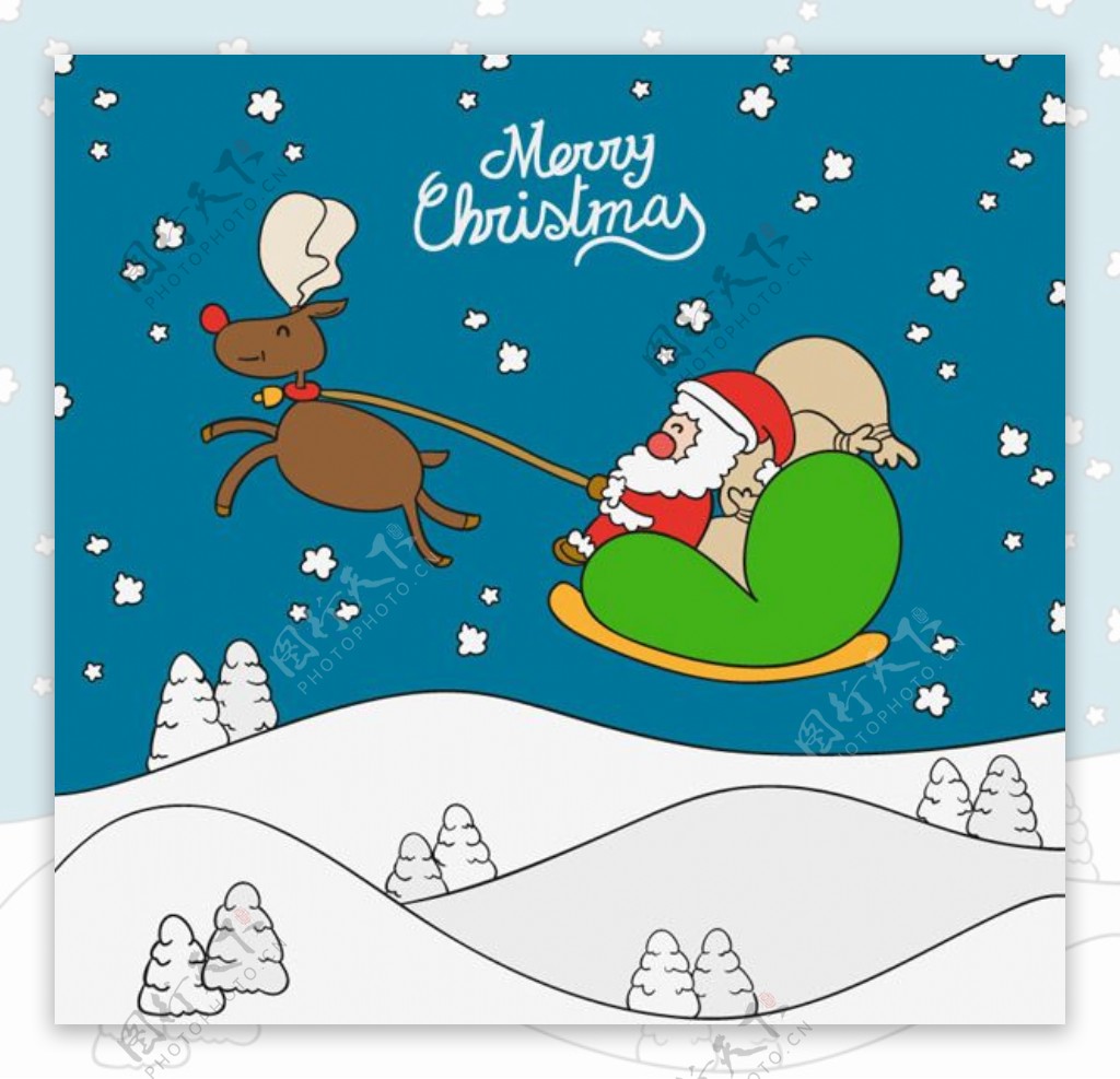 卡通圣诞老人与雪橇矢量素材