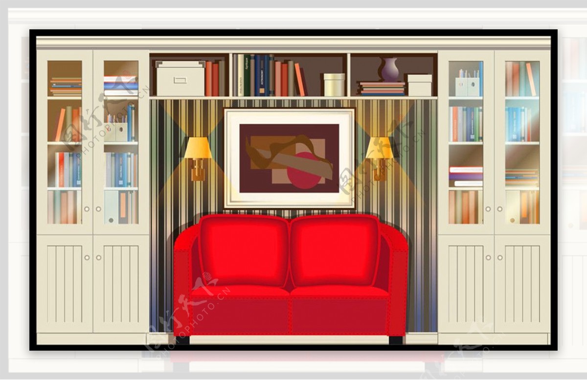 红色沙发书柜效果图图片