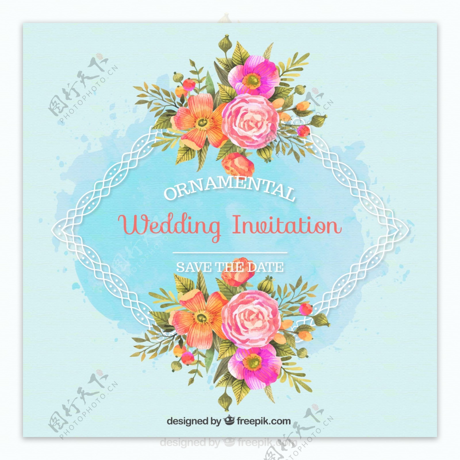 婚礼邀请与观赏性框架和水彩花卉