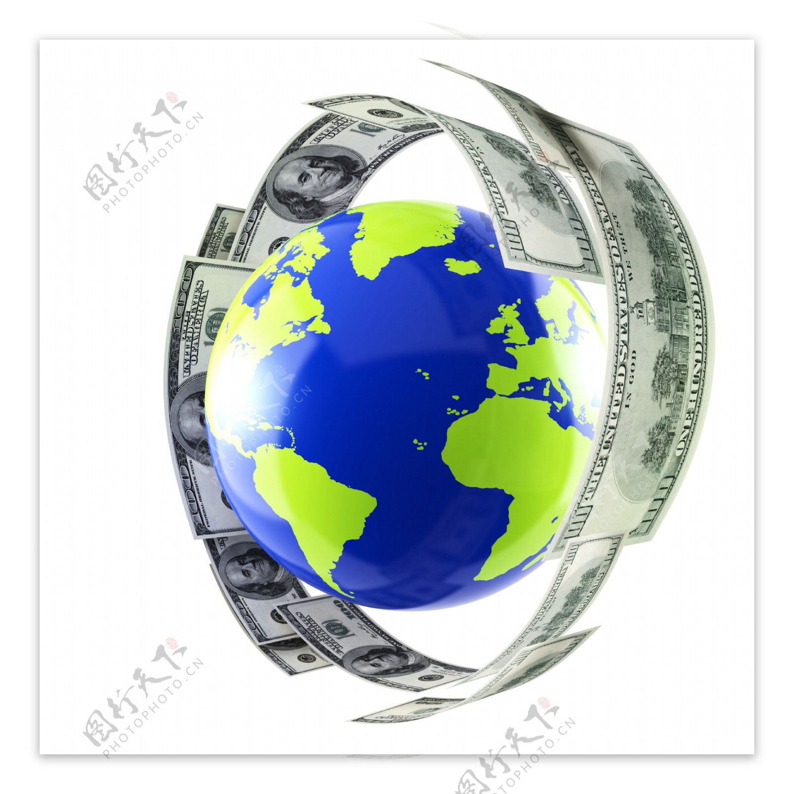 美元钞票绕地球模型一圈图片
