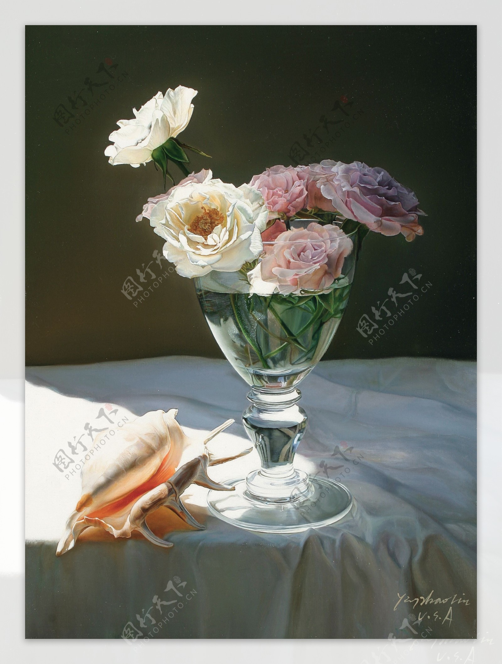 油画花卉与贝壳图片