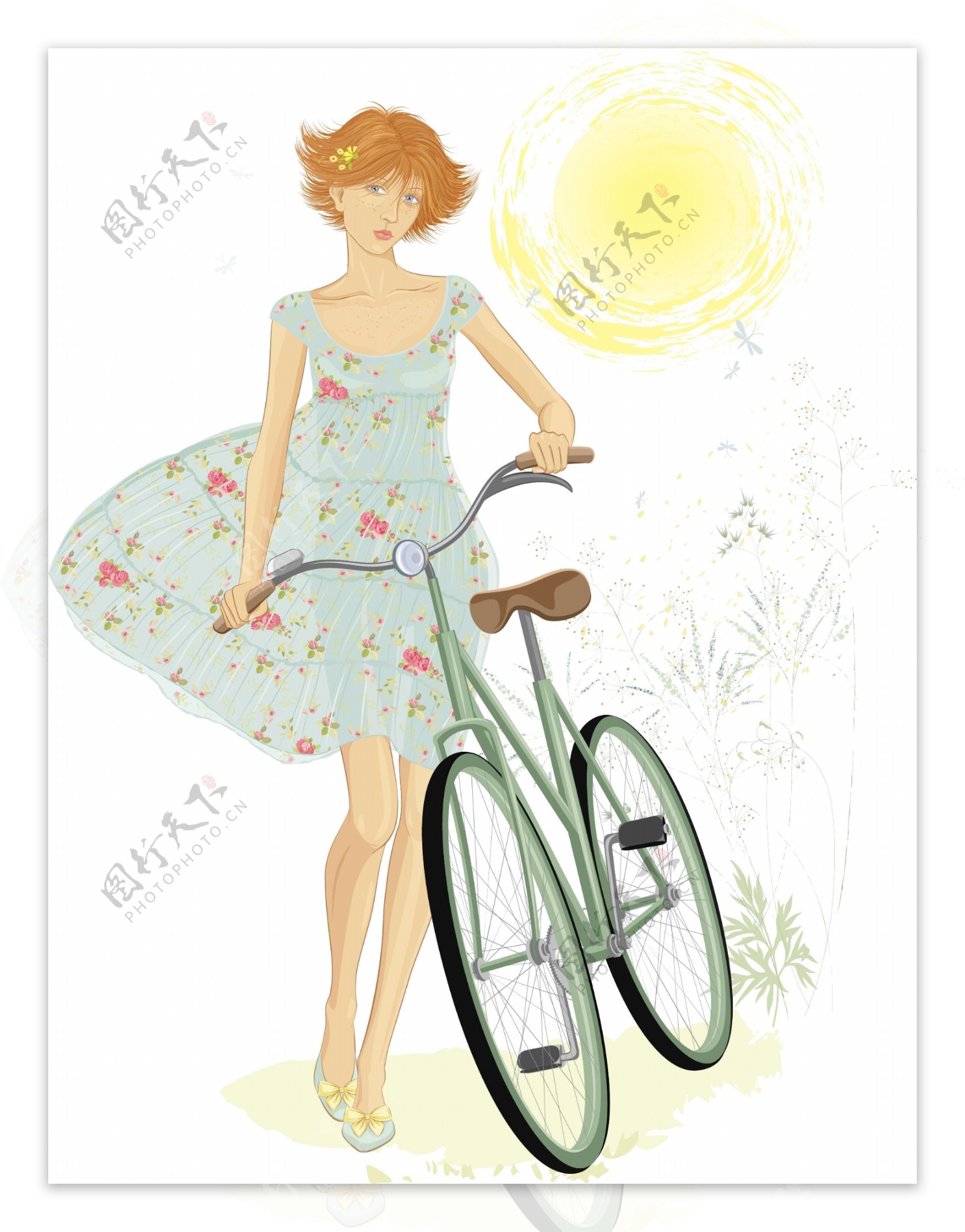推着自行车的美女