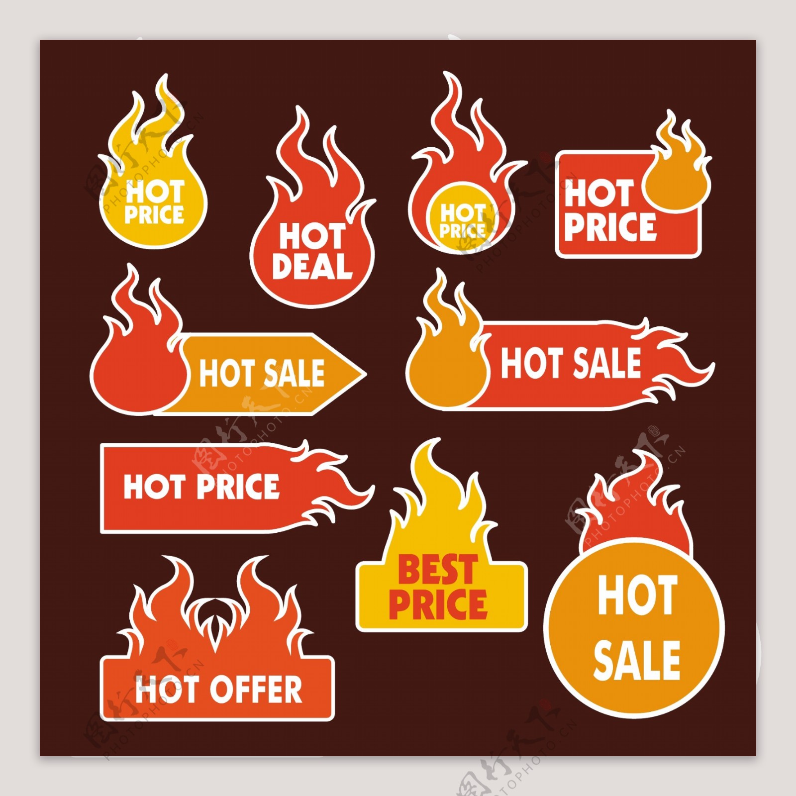 销售徽章收集孤立的火与热风格自由向量