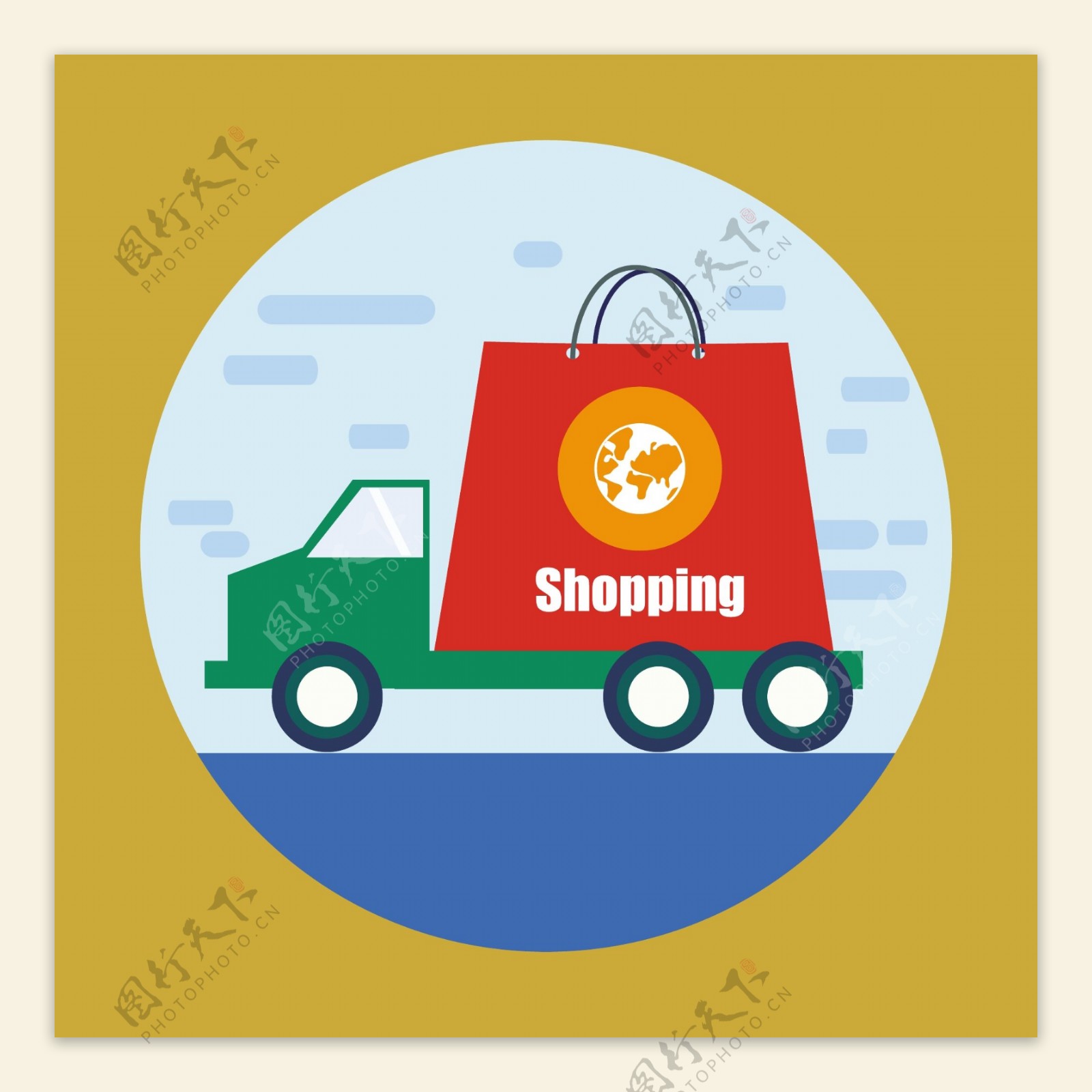 购物概念设计与卡车和包免费矢量插图