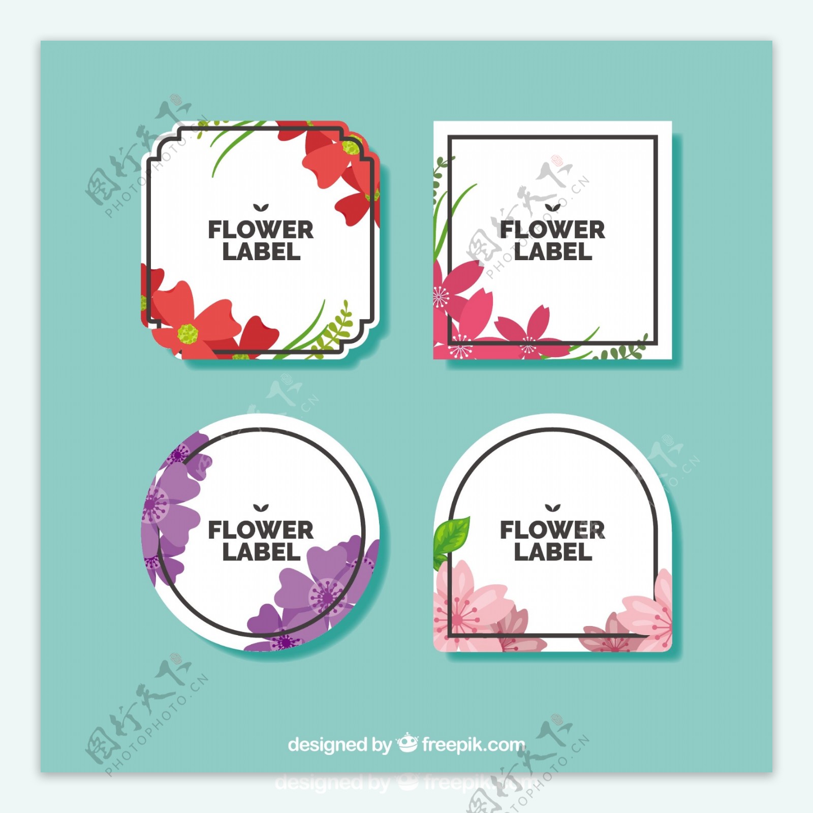 扁平风格彩色花朵装饰贴纸标签