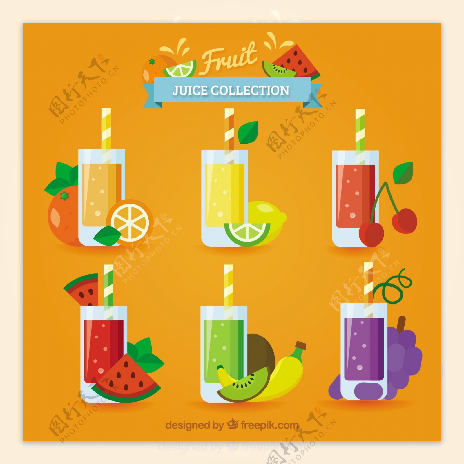 六个扁平风格美味的果汁图标