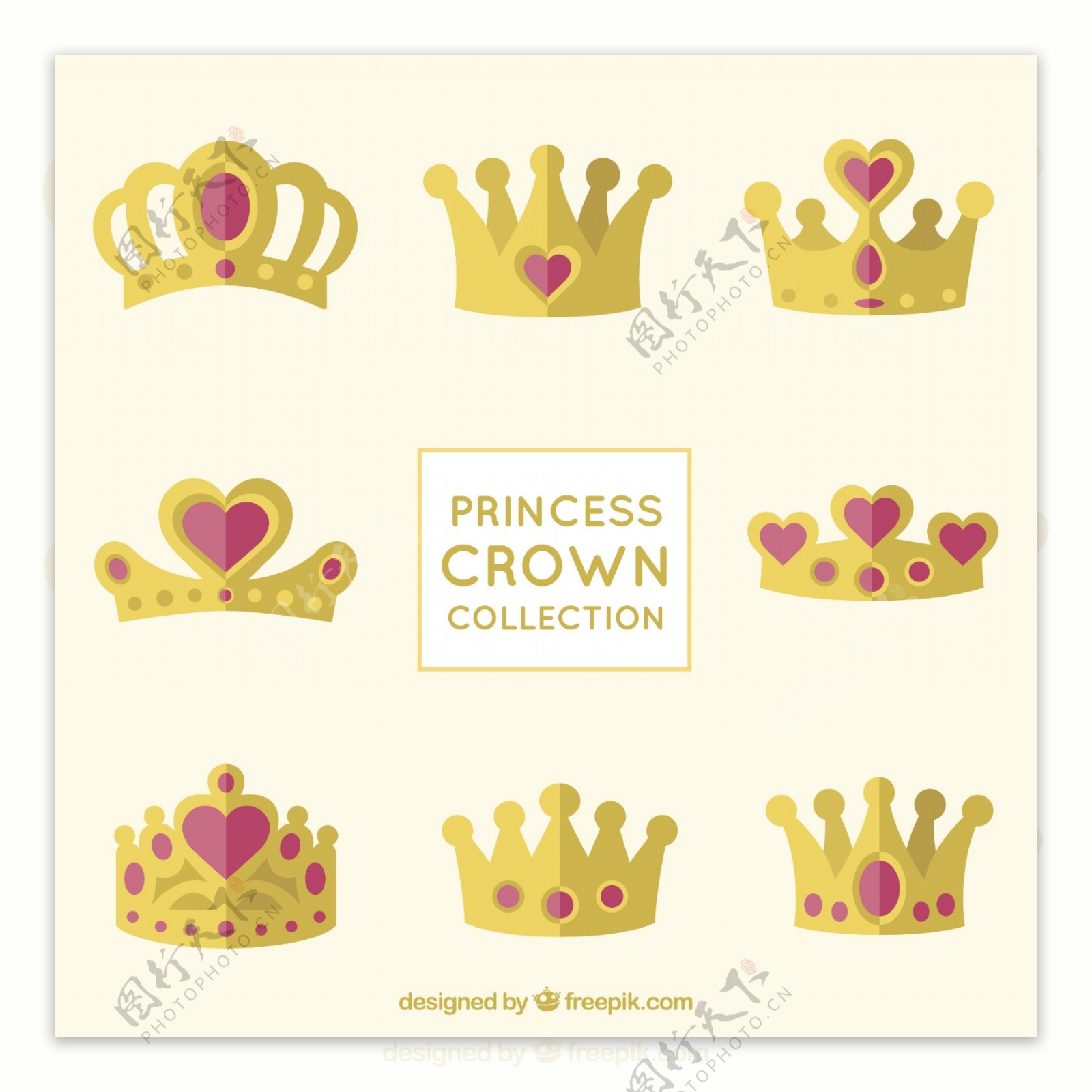 镶嵌红色心形珠宝的公主王冠矢量素材
