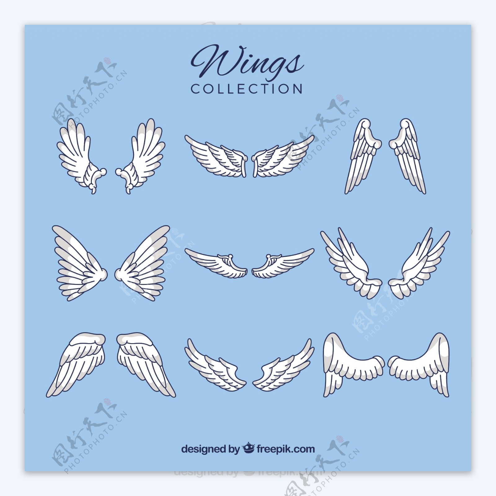 手绘线描风格白色不同的翅膀插图